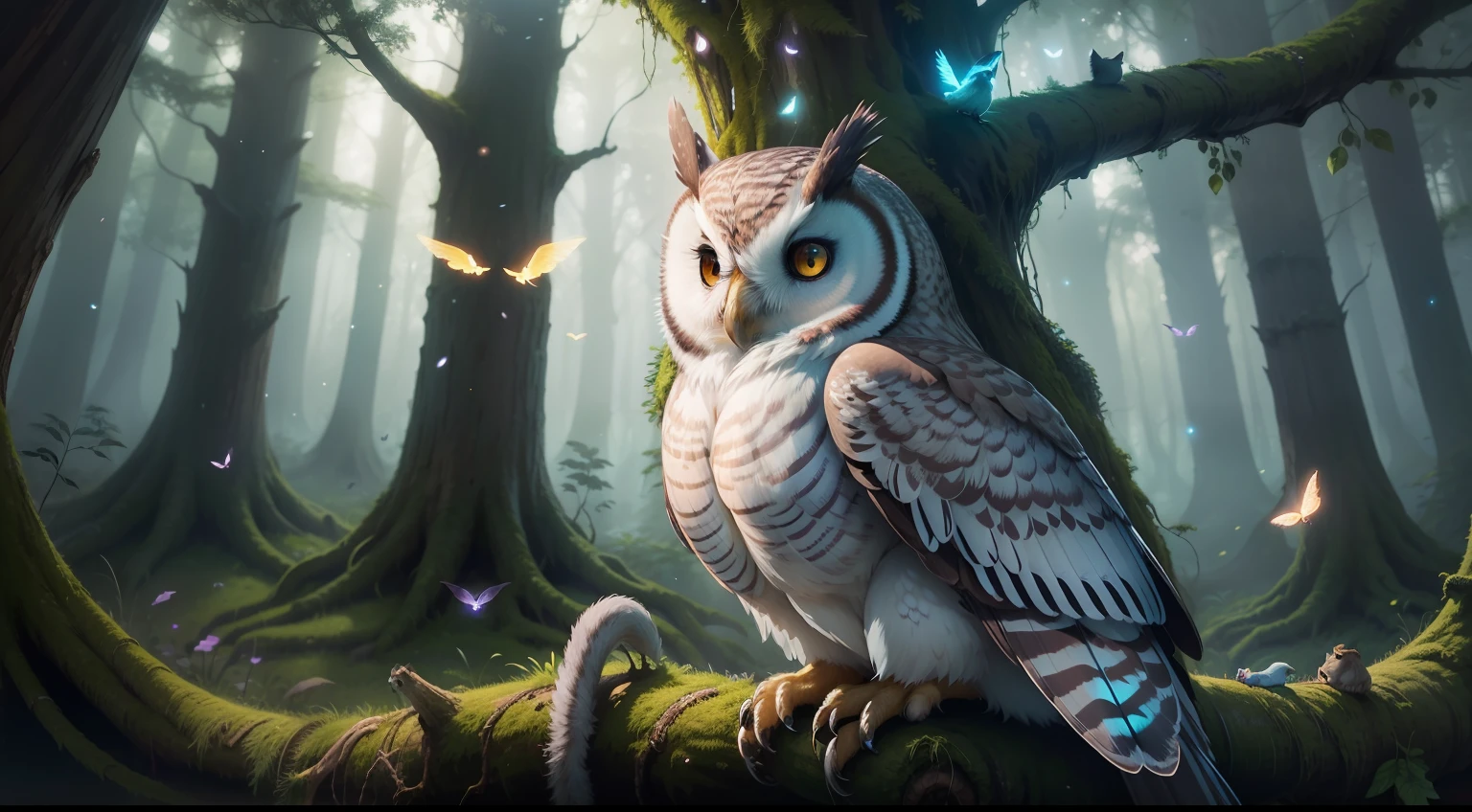 Magical creatures are scattered throughout the image, adding to the sense of wonder and fantasy. Friendly squirrels with sparkling eyes peek out from tree hollows, while fireflies flit around, leaving trails of soft, glowing light. A majestic owl, perched on a moss-covered branch, watches over the forest with wise and knowing eyes.