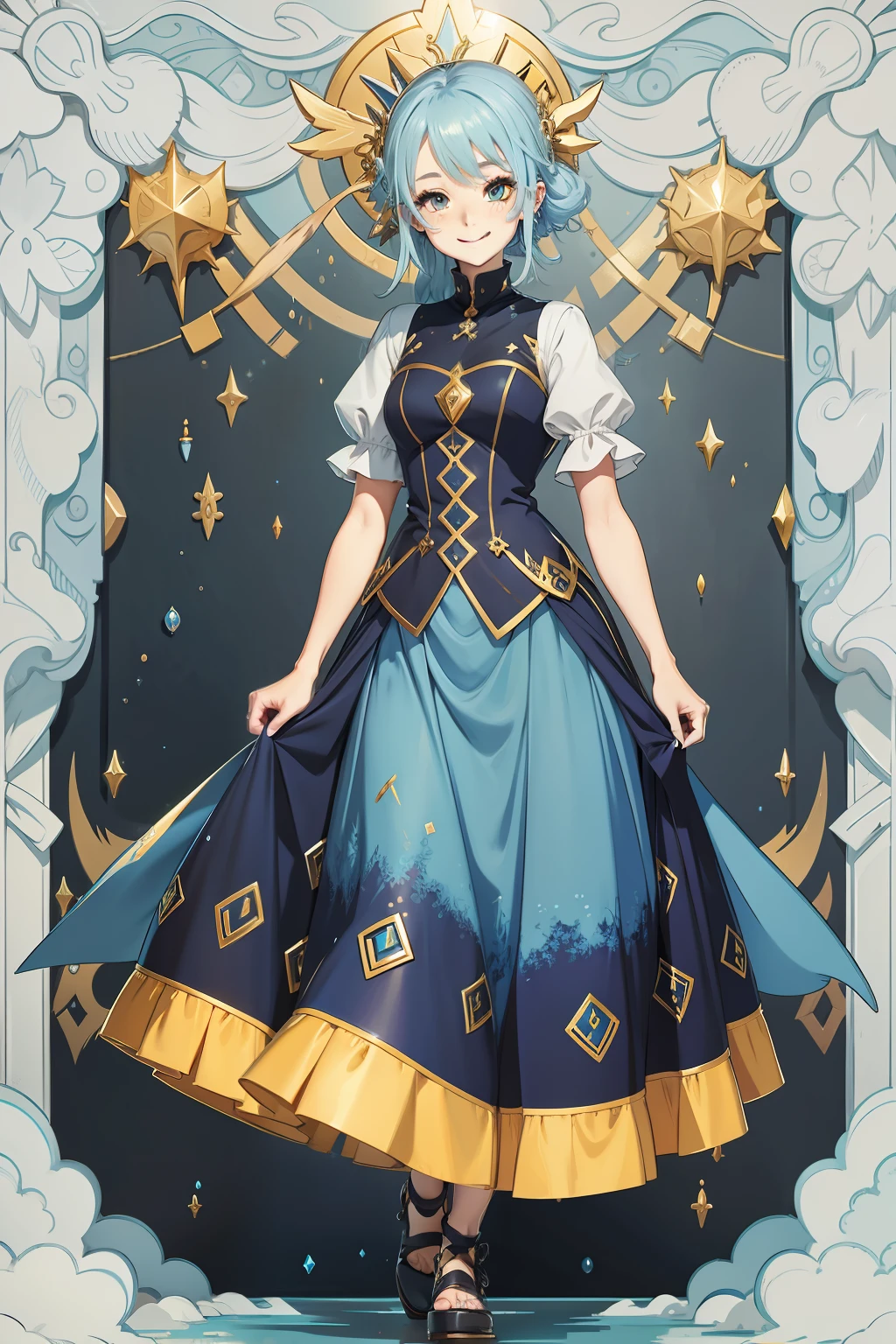 pokemmo, offcial art,blue hairs,gold eyes,Kizi,smiling expression,Dress long skirt