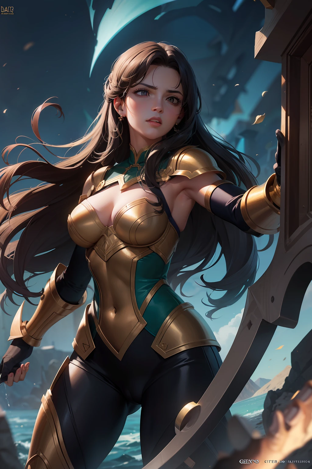 "Leona + Diana mesclado, Liga das Lendas, Detalhes minuciosos, alta qualidade, An incredibly detailed and well-executed illustration, dynamic poses and intense expressions. Thematic background "