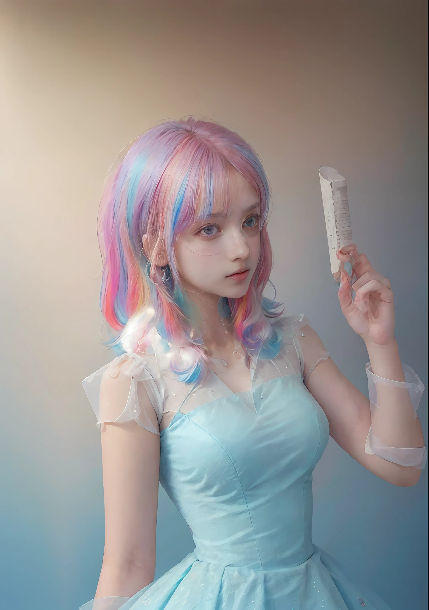 (masterpiece), (best quality), (ultra detailed),(disheed
hair)(illustration), (1girl), (Fashionable clothing),
standing, Fashion model, looking at viewer, (interview),
(simple background),Beautiful and delicate eyes,Delicate beauty,afloat,
(high saturated),
(Colorful splashes),Colorful bubbles, (shine) ,
Focus on the face,