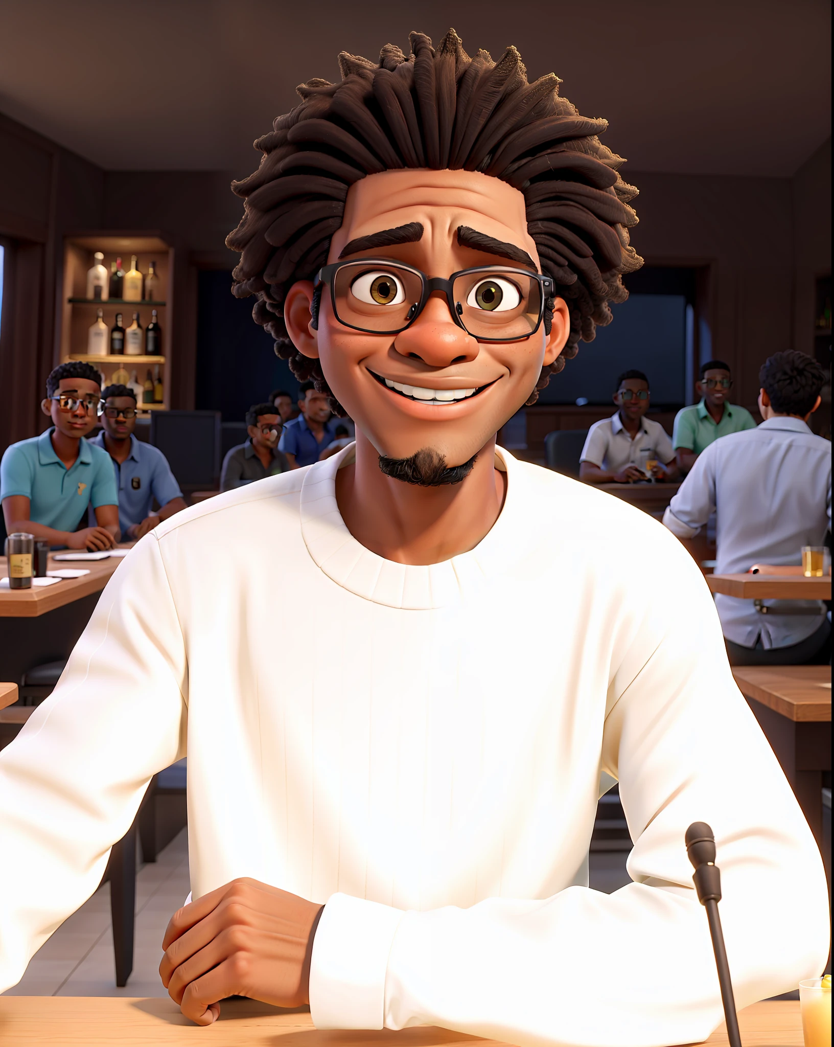 jovem negro, wearing gold glasses in high definition quality, cabelos bem definidos em 8k, ao fundo um bar com pessoas festejando em alta qualidade, lighting cinema, 8k