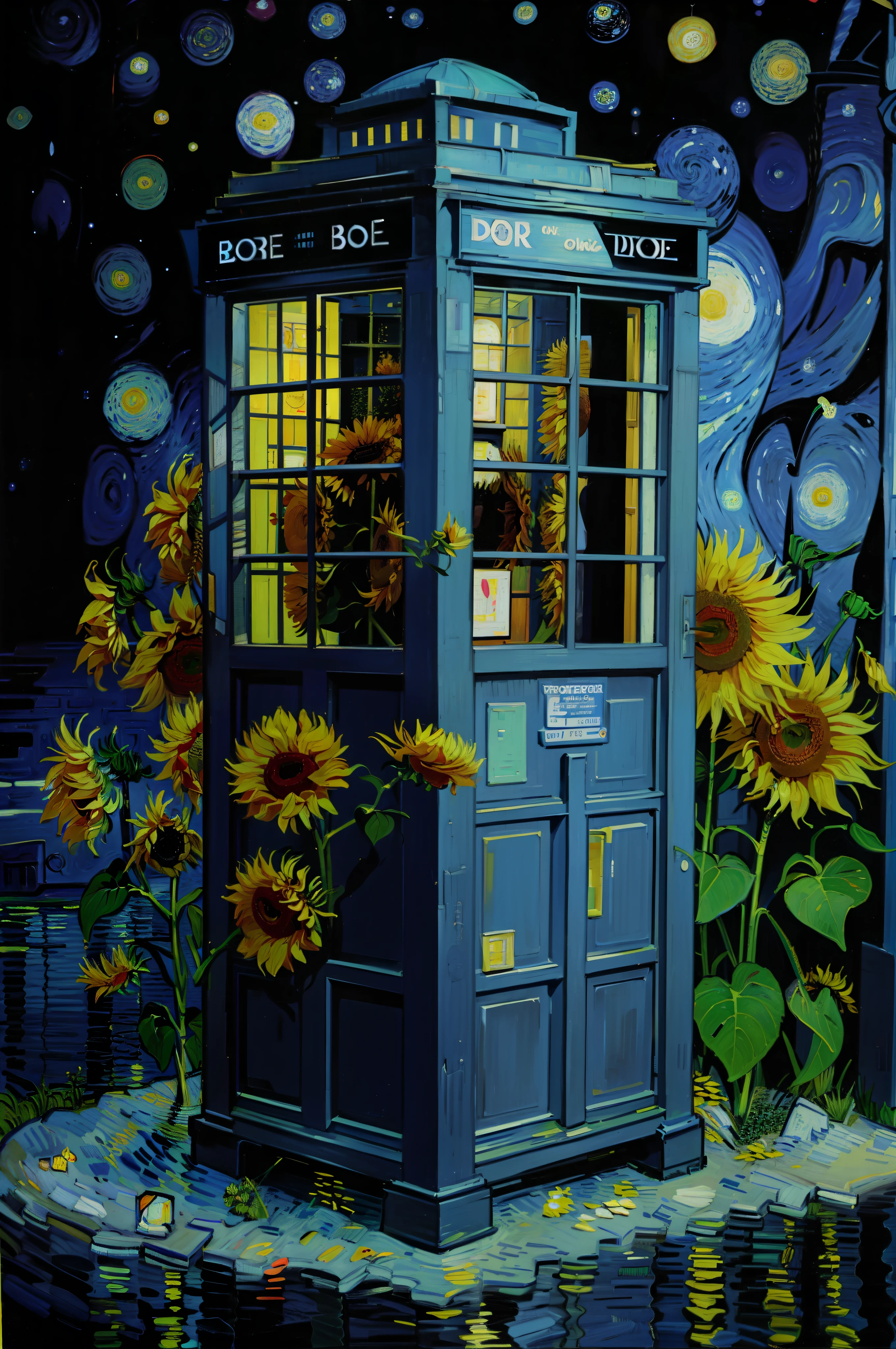 "Tardis voando no lago, The blue sky painted like Van Gogh's starry night sunflowers around the oil painting of tardis, profundida, Doctor Who e Tardis." ceu pintura a oleo igual de van gogh, master part, sonhador, 8K resolution, Doctor scifi que in tardis, Doutor Quem cores vibrantes, muitos girassois em volta, girasois dourados