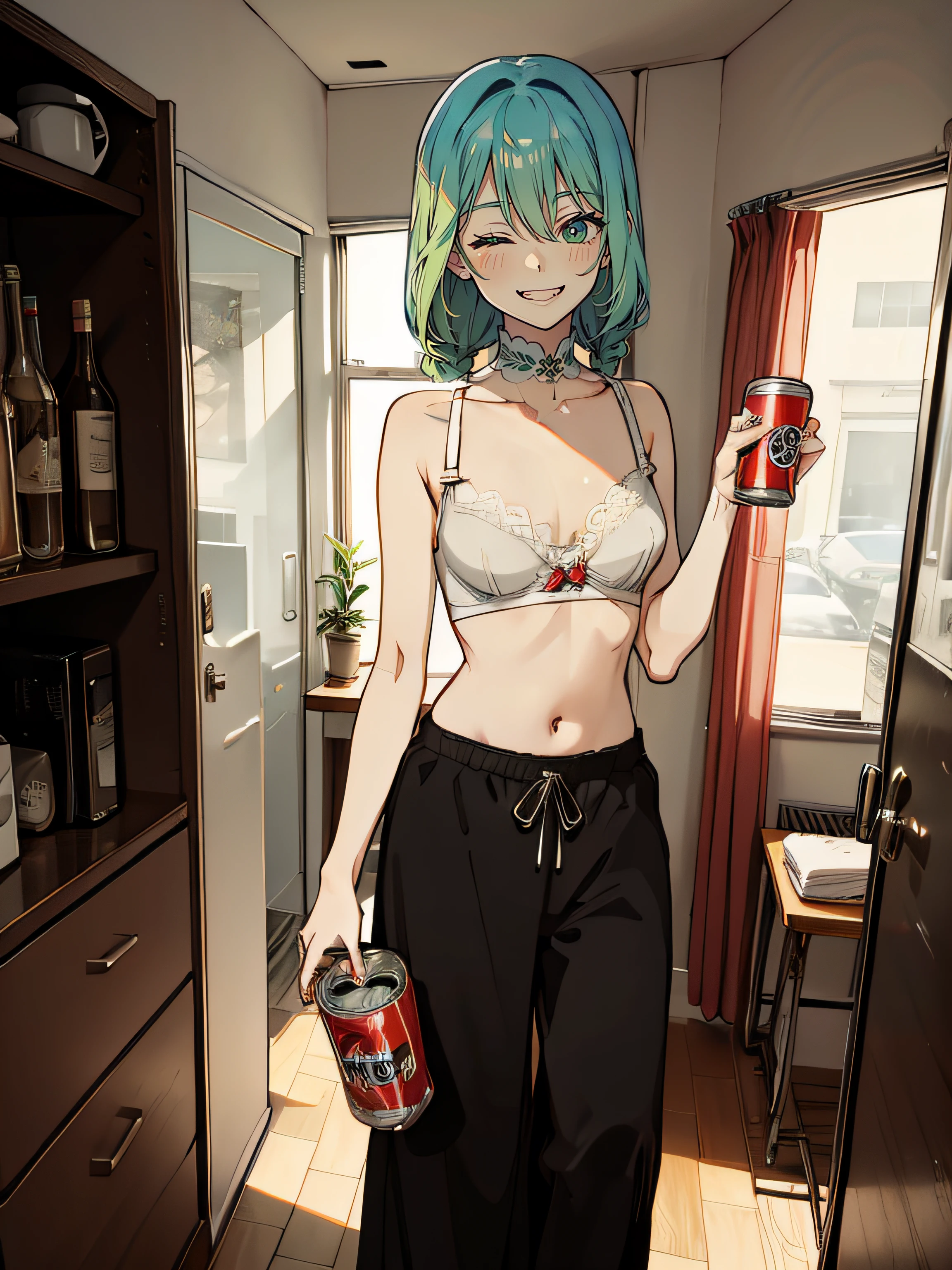 Best quality, long green hair, radiant green eyes, long plait, laugh, grinning, one eye closed