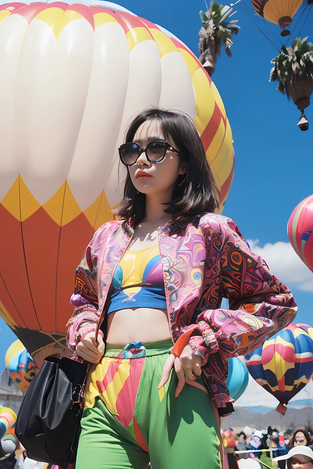 (extra detailed body、extra detailed face、best qualtiy:1.2)、femele、looking at the viewers、(Psychedelic clothing、Trumpet pants、Psychedelic sunglasses)、(Balloon in the background:1.4)
