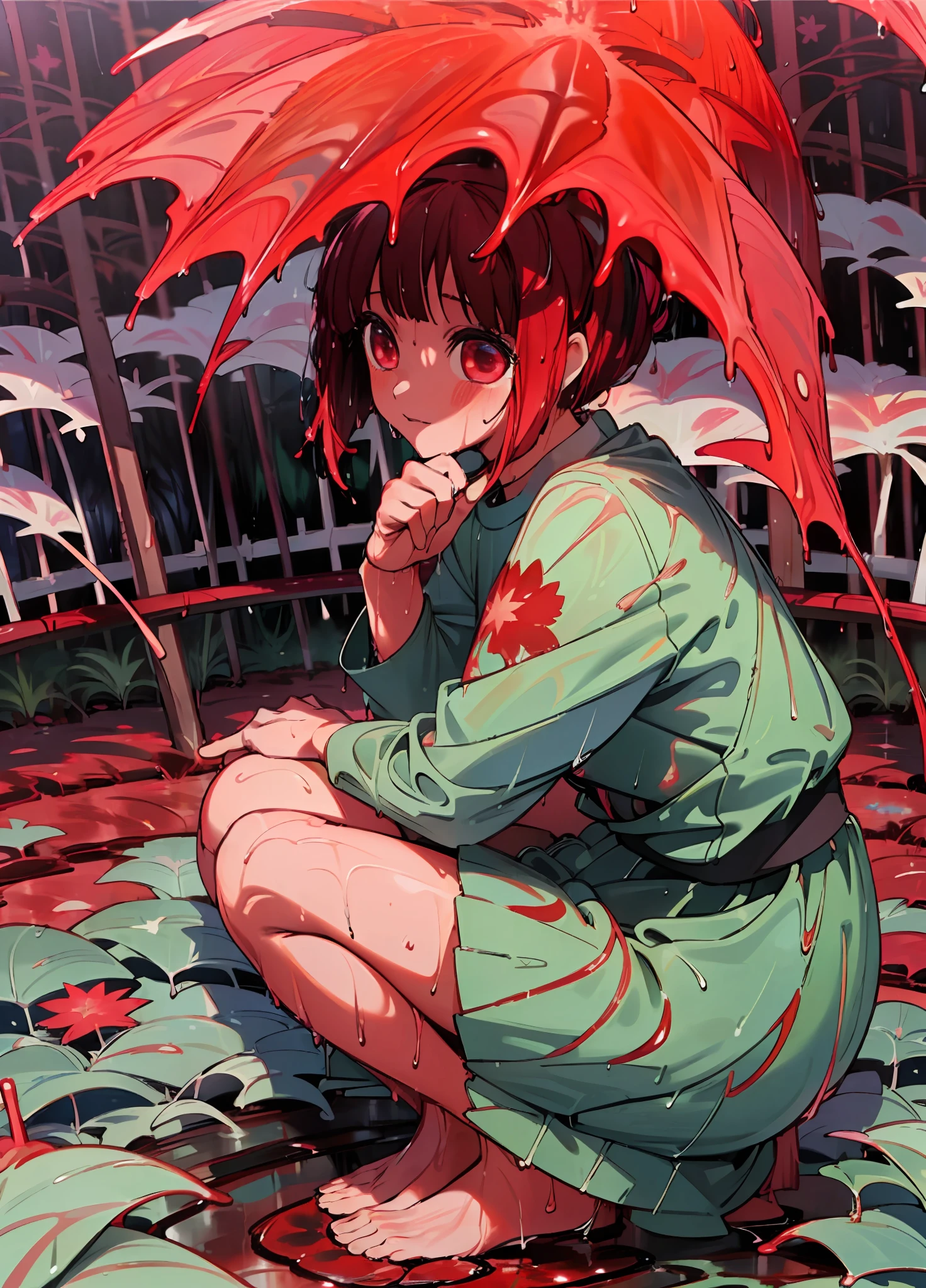 a girl, Arima Kana from the anime oshi no ko, Red Hair, Red Eyes, (after the rain:1.5), sitting in a puddle, (night time, shining stars:1.3), (flower field, glowing, bloom, chromatic, colourful:1.3), (wet foliage:1.8)