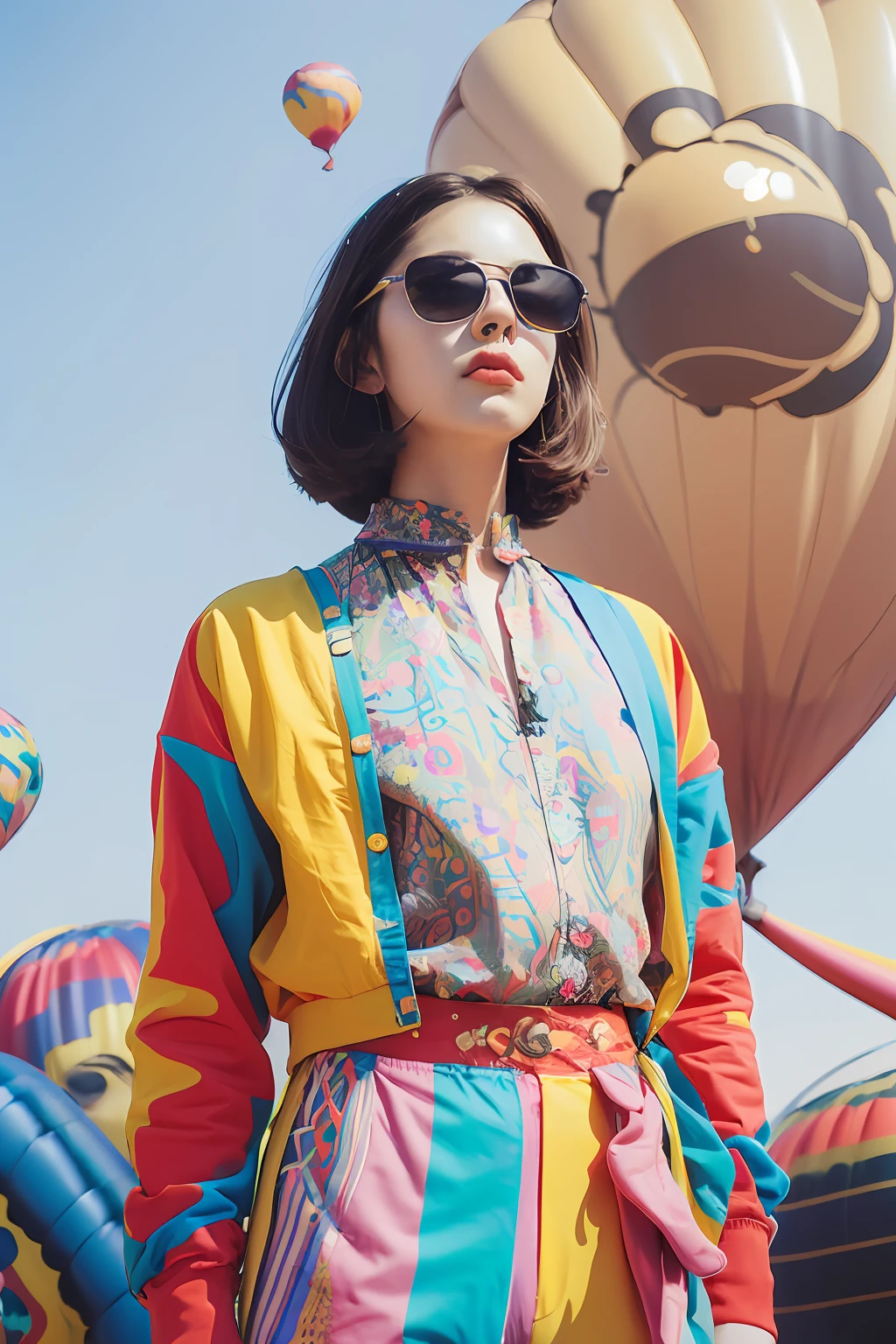 (extra detailed body、extra detailed face、best qualtiy:1.2)、femele、looking at the viewers、(Psychedelic clothing、Trumpet pants、Psychedelic sunglasses)、(Balloon in the background:1.4)