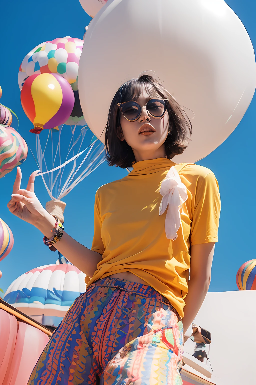 (extra detailed body、extra detailed face、best qualtiy:1.2)、femele、looking at the viewers、(Psychedelic clothing、Trumpet pants、Psychedelic sunglasses)、(Balloon in the background:1.4)