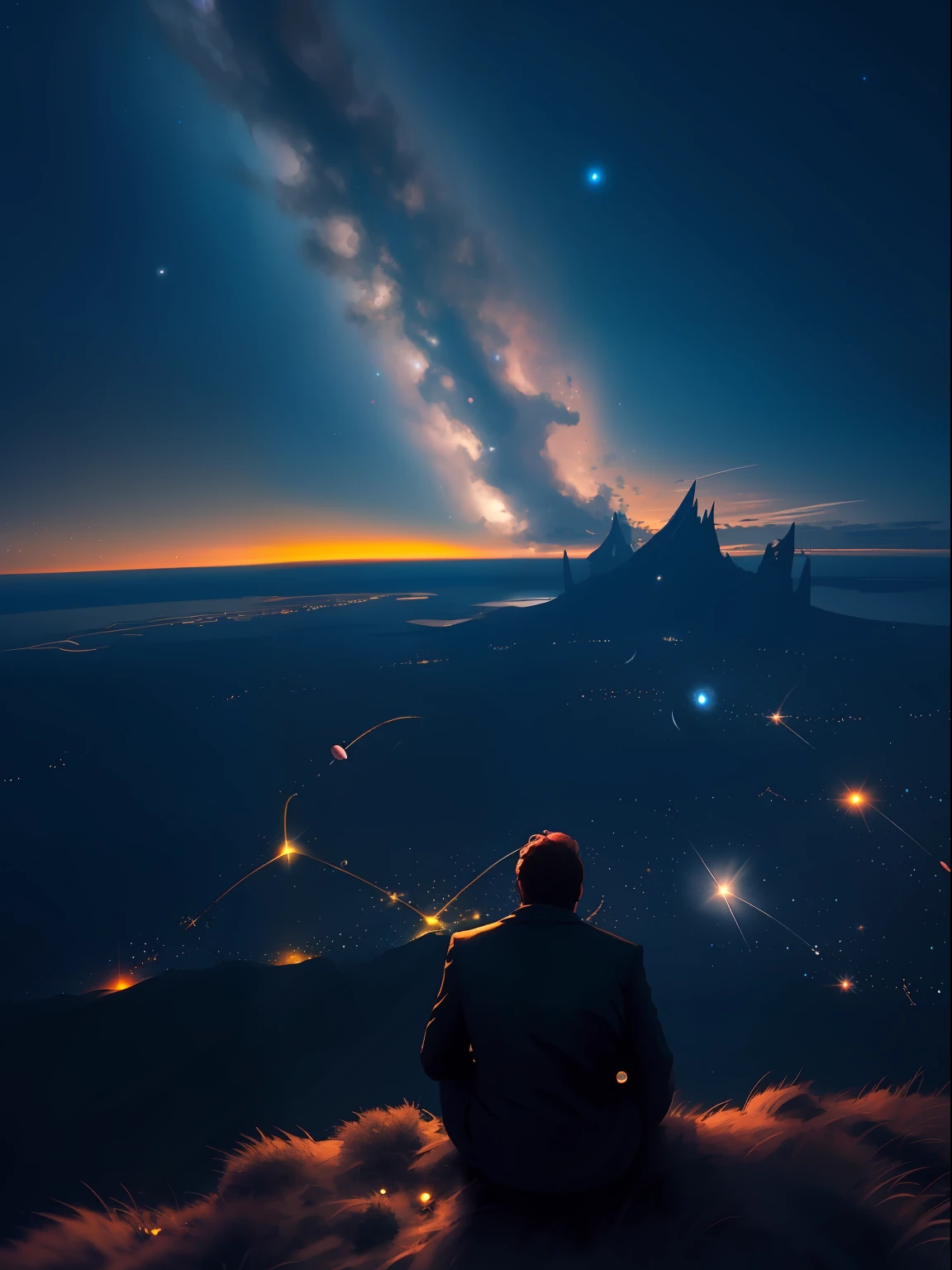 Masterpiece, night view, sky full of stars and planets, 1 man, looking at sky from hill,fantasy(ultra wide angle