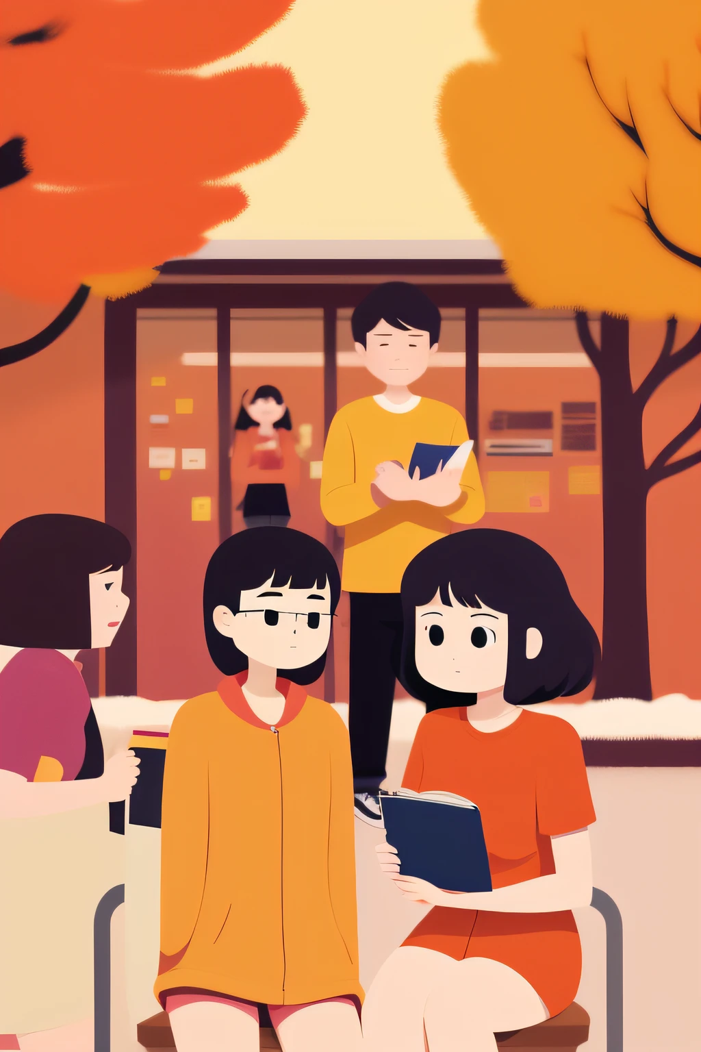 Best image quality，Masterpiece，8K分辨率，Girl holding a book in her arms，Three anime college students，Chat face-to-face，Keith Haring style，Color blocking，geomerty，Minimalist，Collage，Illustration design，Autumn scene，maple leaves，CasualClothing，Refined face。