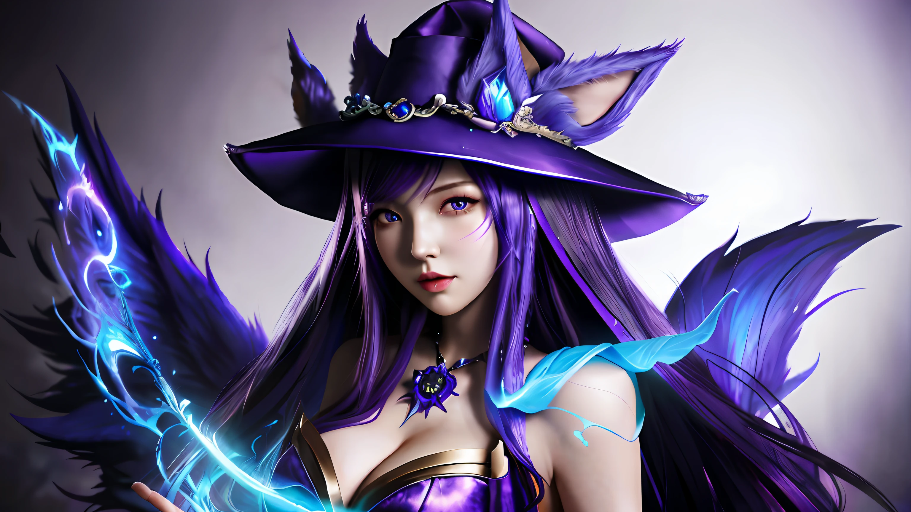 One wearing a purple dress，Woman in purple hat holding blue fire, ahri, portrait of ahri, seraphine ahri kda, ahri from league of legend, Extremely detailed Artgerm, Style Artgerm, league of legends character art, Official Splash Art, Splash Art, league of legends splashart, Artgerm Plat