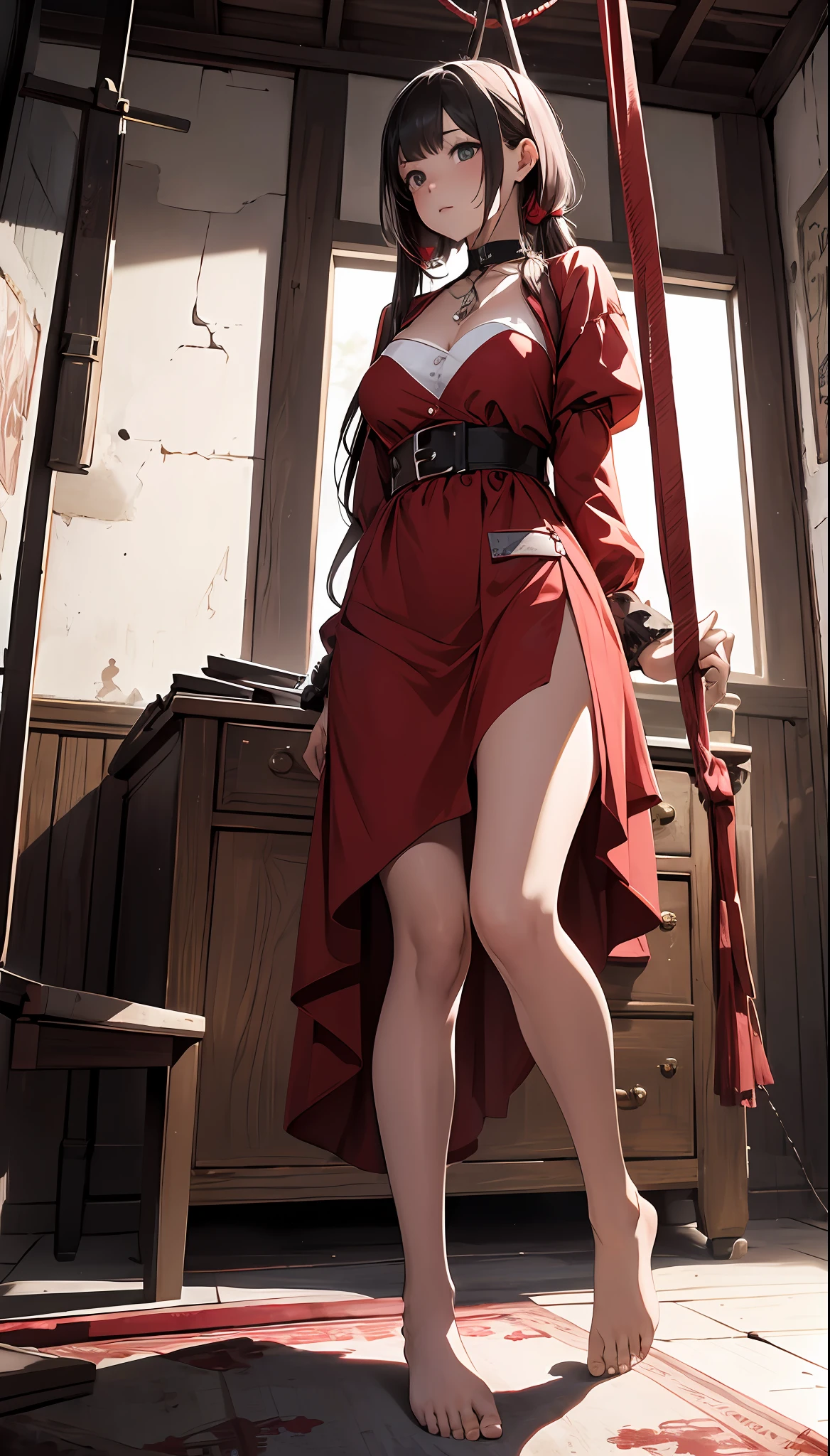 best qualityer,tmasterpiece,Ultimate resolution,downy,Extremely colorful,Woman in red under the gallows,Noose around the neck,Red belly pocket,convict,Open air square,gallows,execute,The barefoot,Correct posture