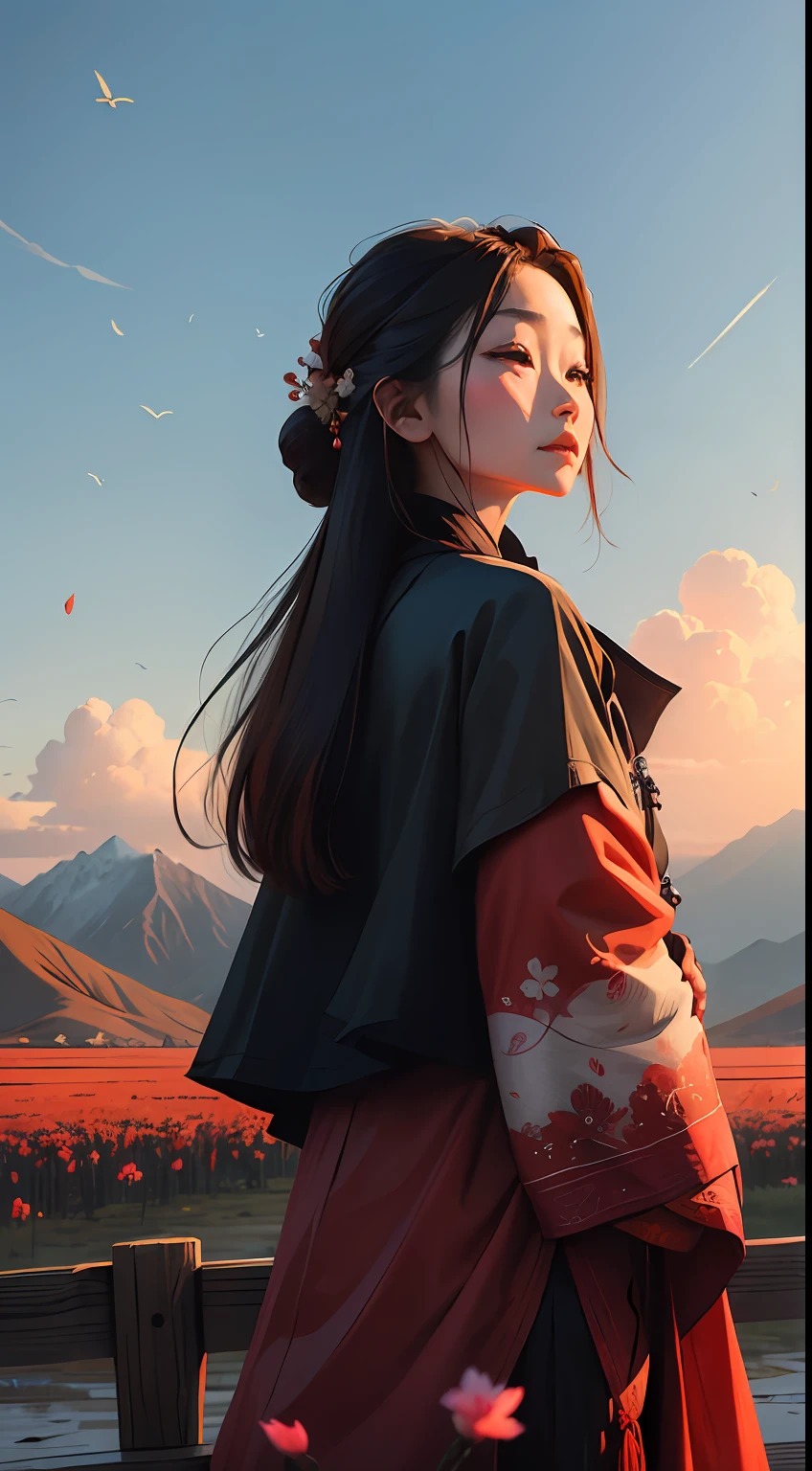 Even if there is a red face, there are thousands of disasters，
It is difficult to quench the sorrow of the king's heart，
The top of the green peak The mountain outside the mountain，
The sunset is silent and the starry night is sleepless，
A glimpse of the illusion，
The end of a song is a mixture of sorrow and joy，
Between the sunsets The days outside，
Plum blossoms are quiet and independent spring cold。（Outdoor view：1.5），An ancient Chinese woman stands sideways，中景 the scene is，vale，rios，blue-sky，Flying birds，Falling leaves，The setting sun shines through the clouds，Mountains stretch in the distance，fall season，（tmasterpiece），（Best picture quality），（Very detailed and uniform picture），（8k wallpaper），（Chinese folk style painting），（Watercolor style painting），（light and shadow effect），Obvious image hierarchy，realisticlying，Inspired by:：song《Empty Valley Orchid》，RAY rendition