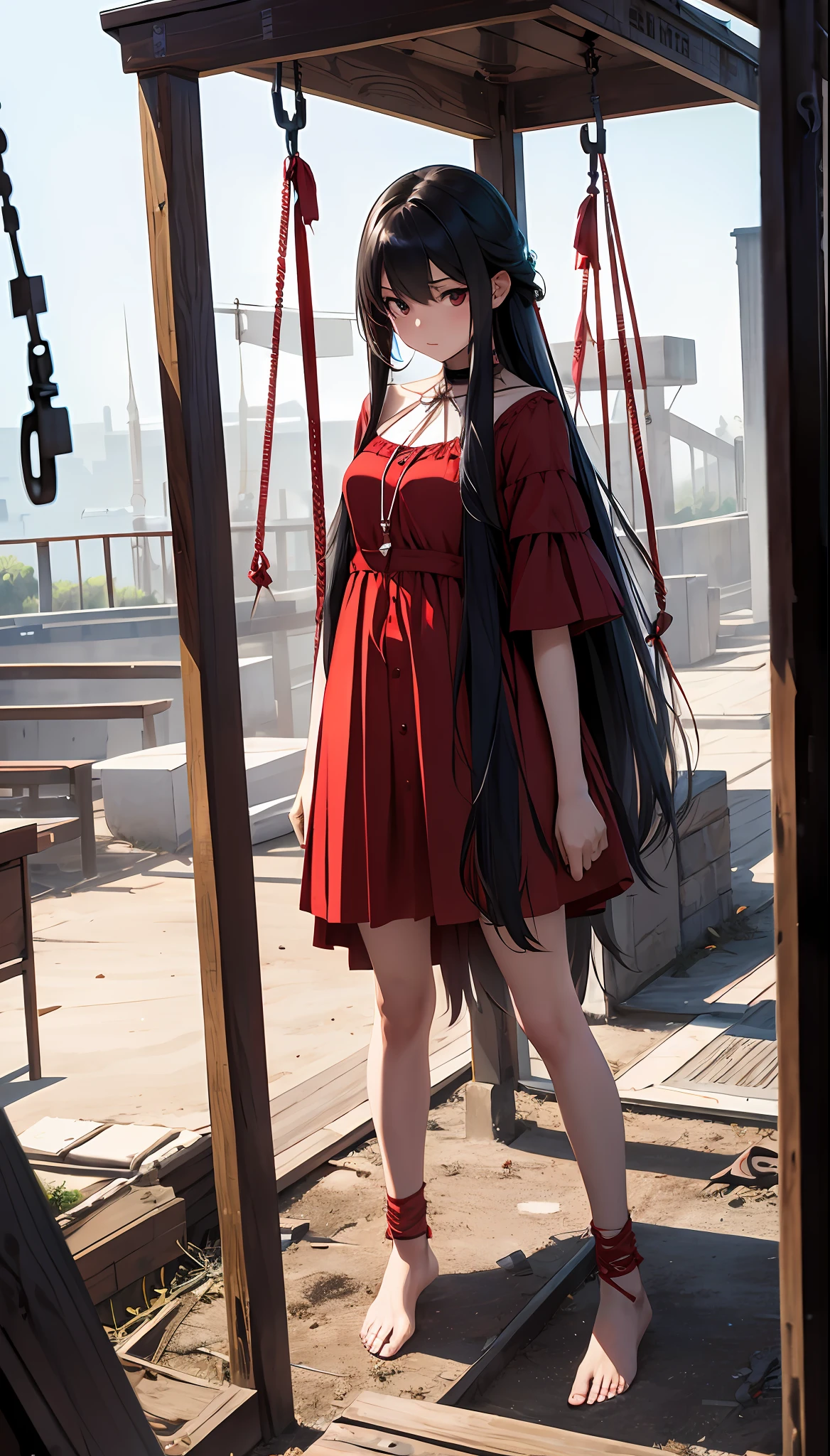 best qualityer,tmasterpiece,Ultimate resolution,downy,Extremely colorful,Woman in red under the gallows,Noose around the neck,Red belly pocket,convict,Open air square,gallows,execute,The barefoot,Correct posture