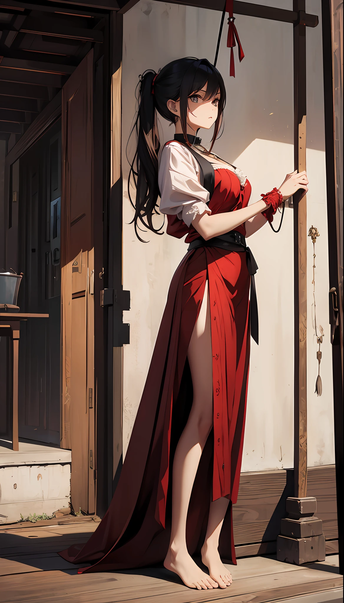 best qualityer,tmasterpiece,Ultimate resolution,downy,Extremely colorful,Woman in red under the gallows,Noose around the neck,Red belly pocket,convict,Open air square,gallows,execute,The barefoot,Correct posture