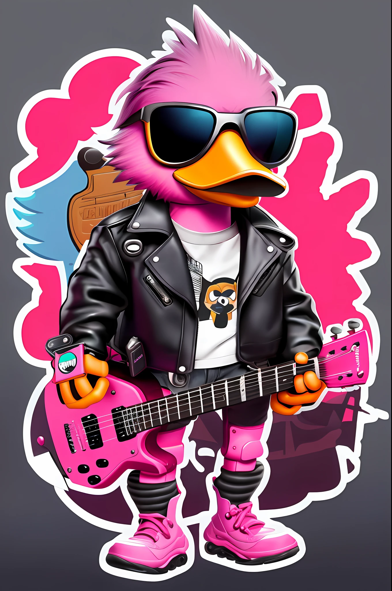 Cartoon duck playing guitar in sunglasses and leather jacket, Muppet Punk, robot duck concept portrait, the macho duck, pop punk art style, robocop duck, inspired by Jacob Duck, fantasy duck concept portrait, hand painted cartoon art style, Cartoon Art Style, detailed duck, Cartoon Art Style, extremely high quality artwork, in style of digital illustration