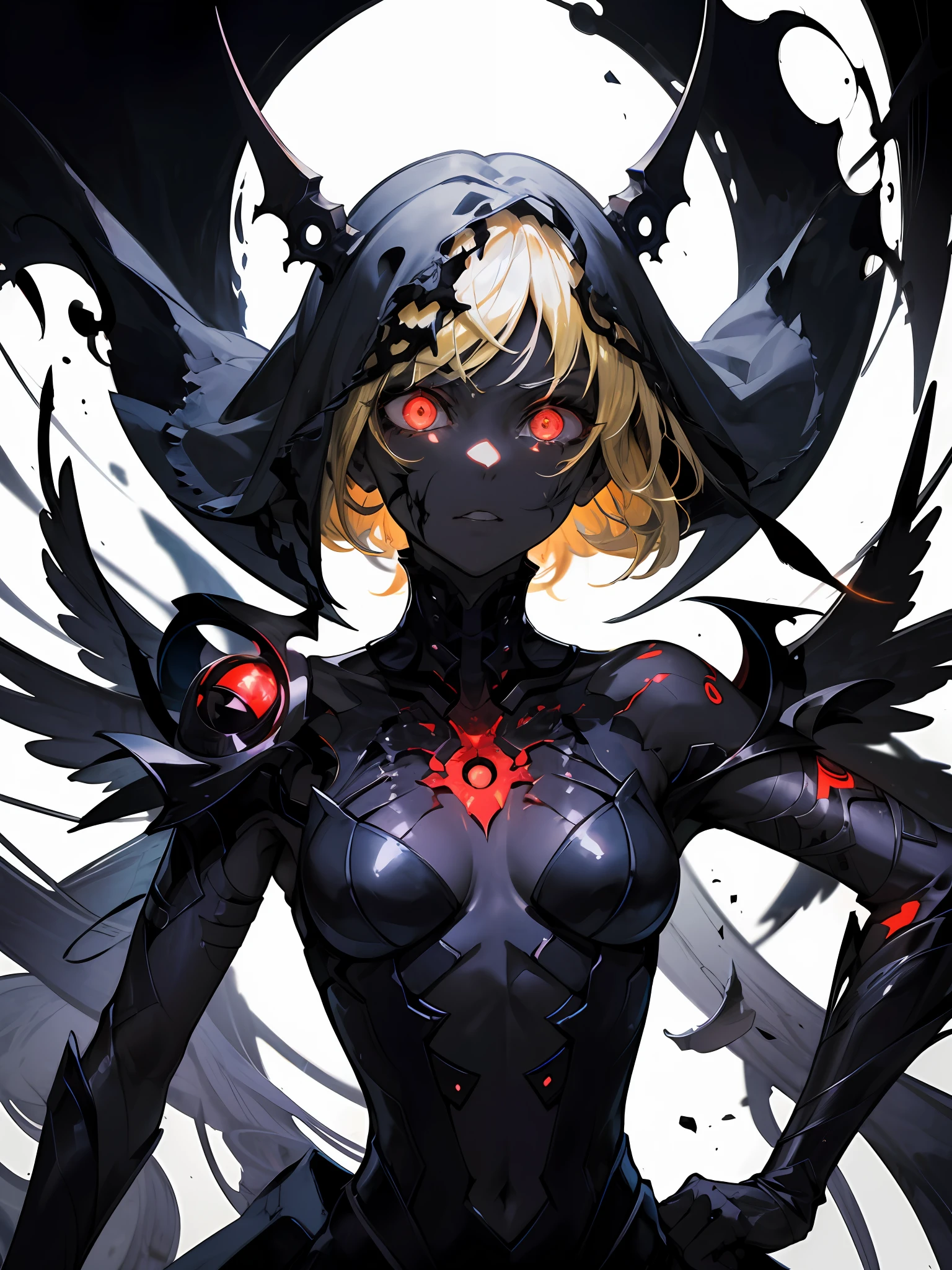 hyper super ultra detailed perfect piece, illustration, Masterpiece, (Perfect anatomy), ((Black and red glow)), (Evil personality), (go mad eyes),Blonde hair,Black dress, Intricate details, Best quality, ((Solo)) ,Crazy nothingness, Glowing eyes, Horror \(Theme\),