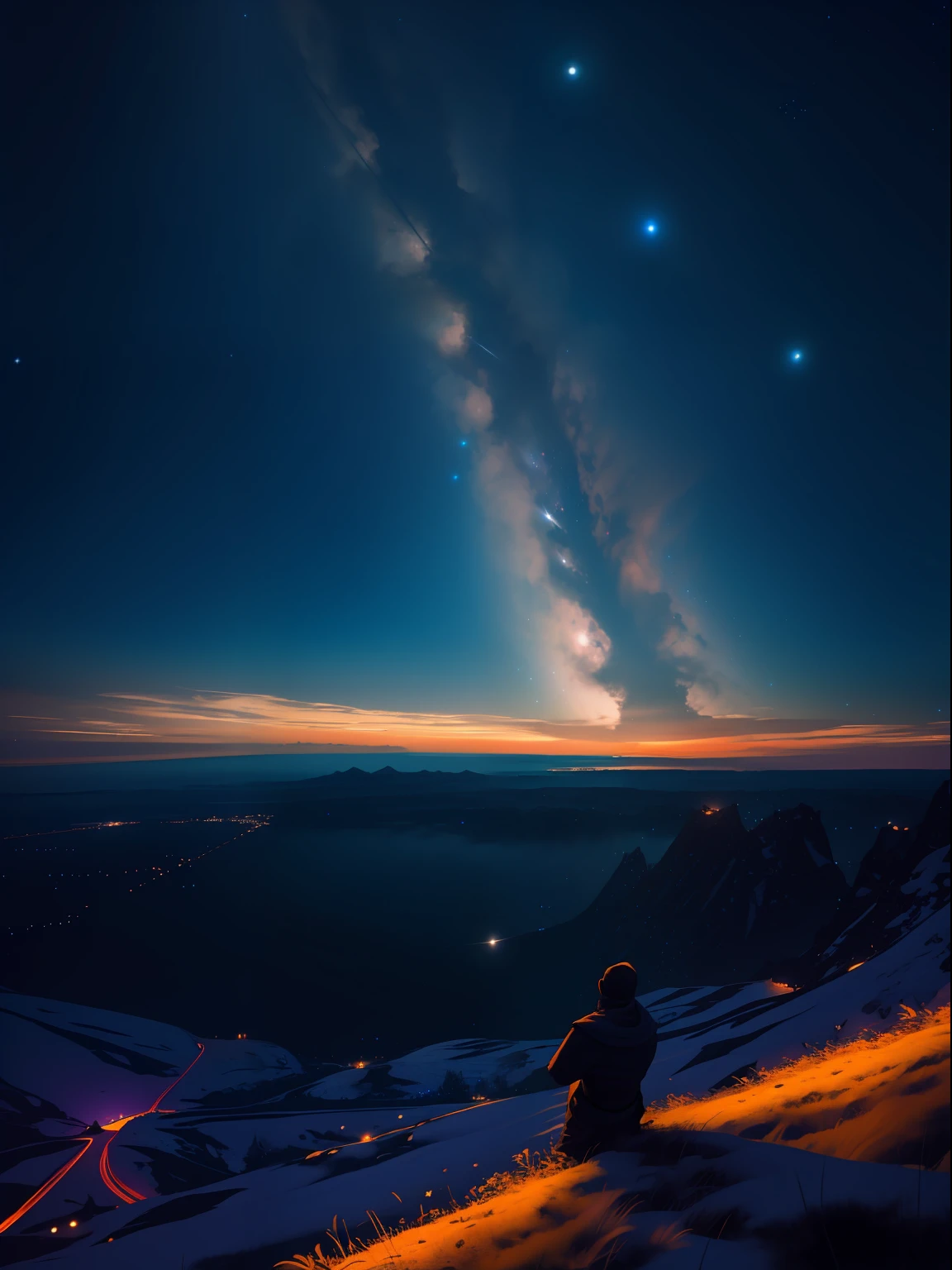 Masterpiece, night view, sky full of stars and planets, 1 man, looking at sky from hill,fantasy(ultra wide angle