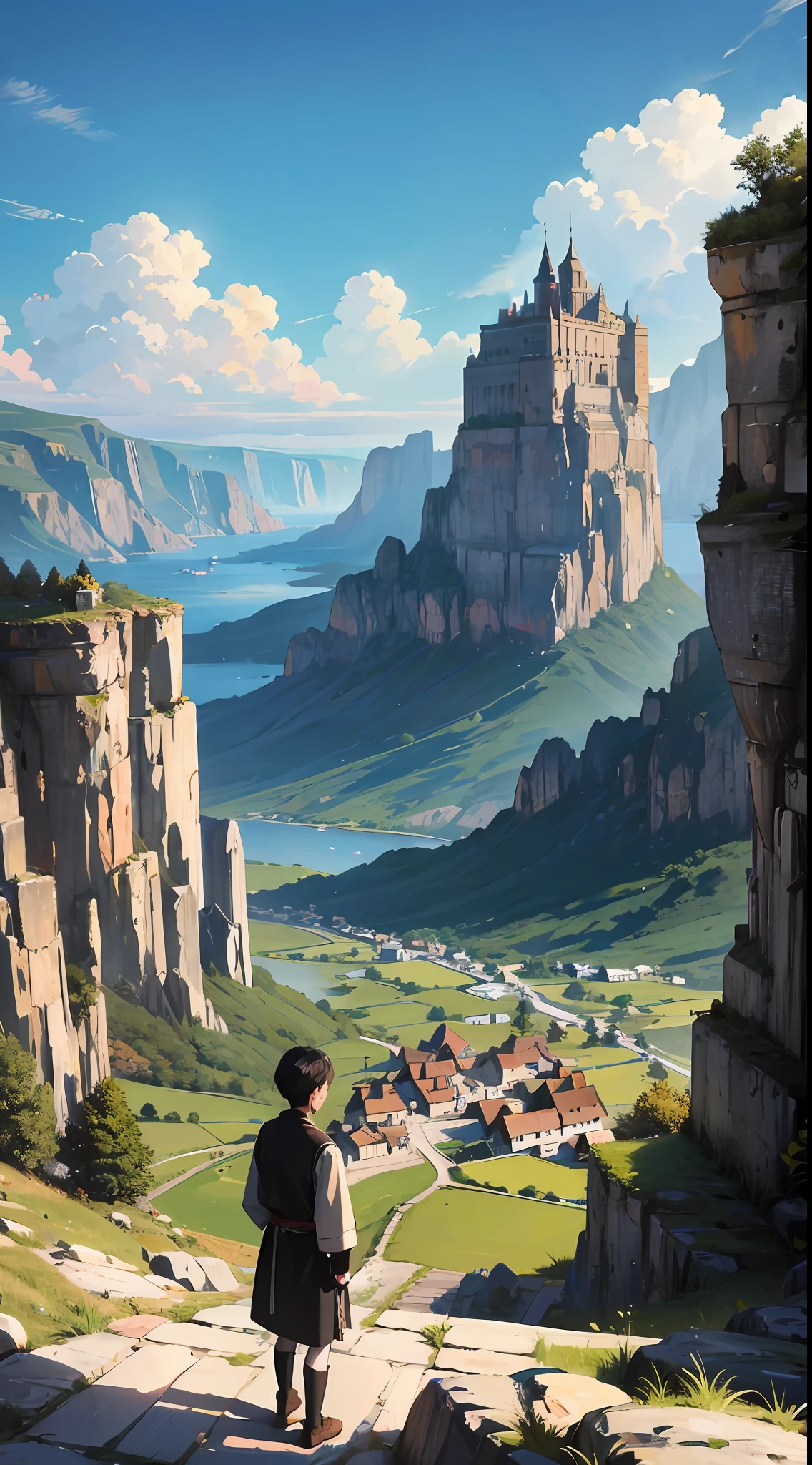 Remote mountain village, scenic view, Short black haired boy, Not far behind the boy were two weasels with cinematic lighting, Verism, hyper HD