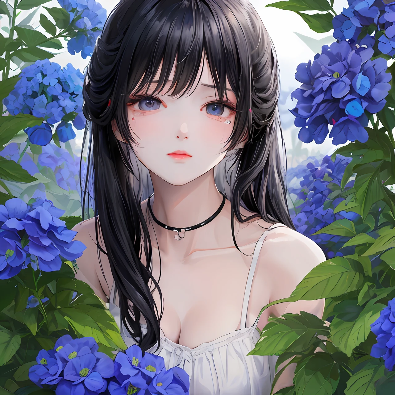 「Black-haired beauty who feels arrogant、Tears in the flower garden of delphiniums at night。」