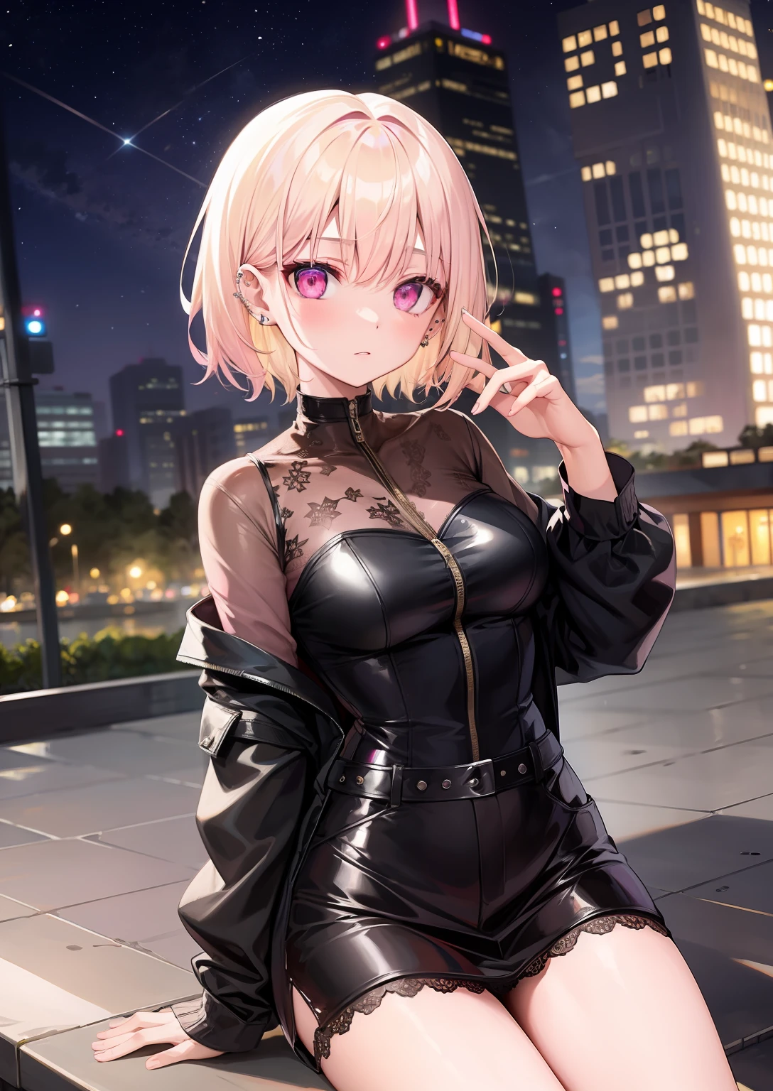 详细的脸、long eyeslashes、A detailed eye、Shining eyes、Clear eyes、(Pink eyes:1.3)、(Light blonde hair)、Shorthair、hightquality、high-level image quality、Best Quality、adult lady、Beautiful background、Beautiful scenery、Summer Night View、Lace tops、jaket、Slimed、beauty legs、piercings