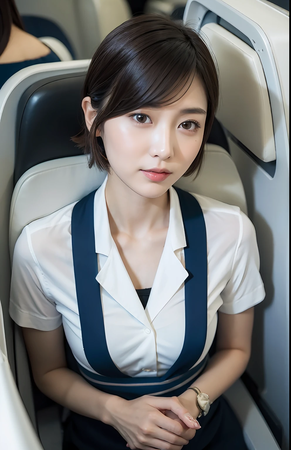 Ultra-realistic 4K photos，Ultra photo realsisim，on focus，s the perfect face，beauitful face，Lots of fine details，photography of，photographrealistic，HighestQuali，highest details，Third Person View，Long exposure，8K，hyper HD，Hyper-detailing，Award-winning photography，
stewardess， In the plane， short detailed hair， pony tails， Korea， 韓国アイドル， South Korean beauties， full bodyesbian，open shirts， white  skirt， Blue short-sleeved Korean Air uniform，