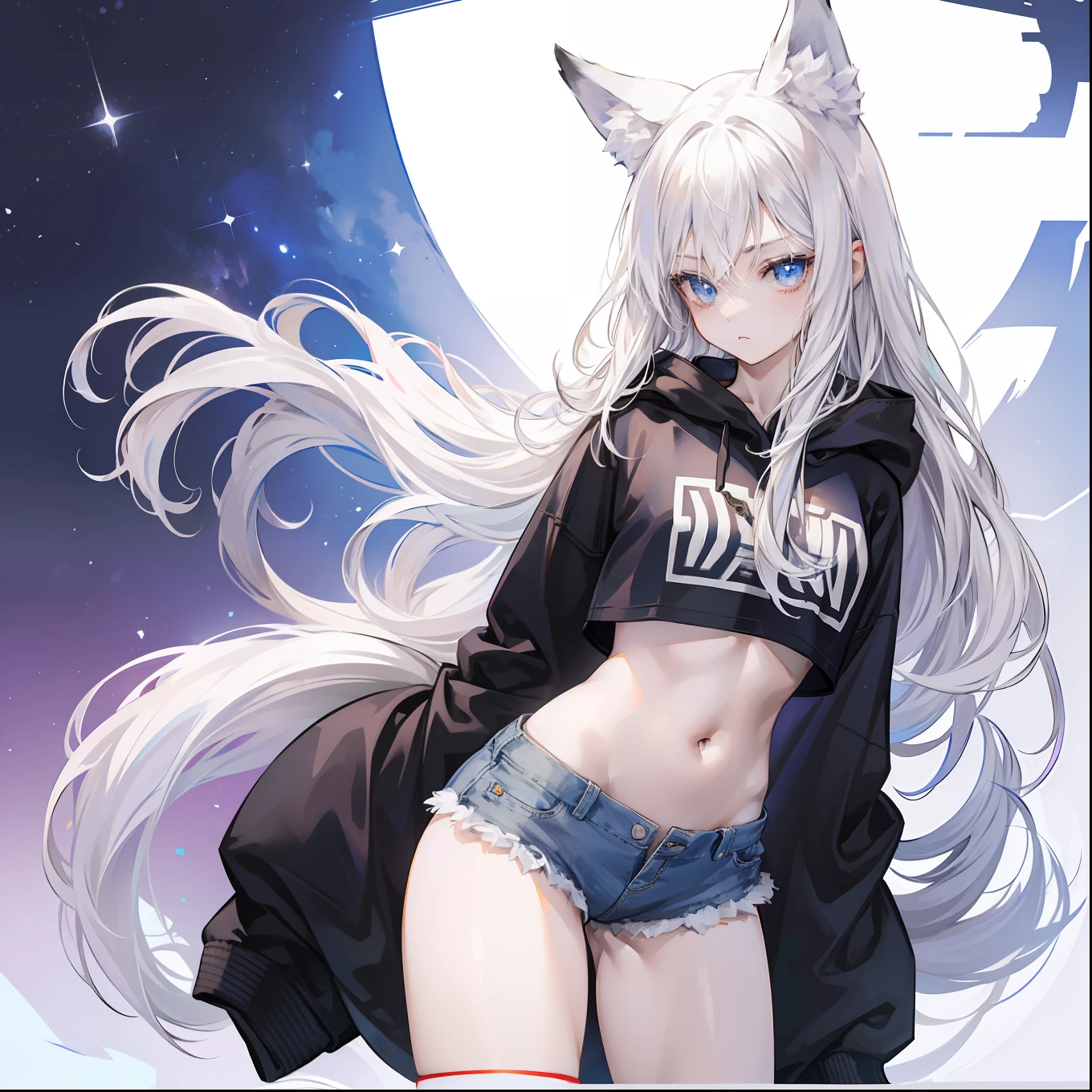 feminine male with long flowing white hair, has wolf ears, has wolf tail, wearing denim short shorts and a cropped black hoodie, thick thighs, wide hips, wearing thigh high socks, solo, alone, no wolves, showing belly, has glowing blue eyes, flat chested