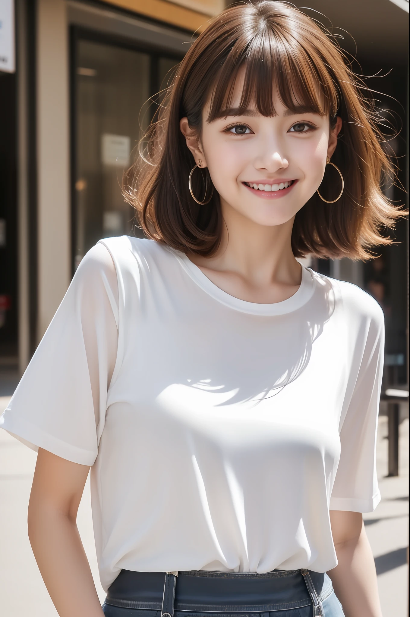 (8k, RAW photos, top quality, masterpiece: 1.2), ultra detailed, super resolution, (real, real photos: 1.37), portraits, high definition RAW color photos, professional photos, very detailed and beautiful, highly detailed, 8k wallpapers, amazing details, huge file size, official art, highly detailed CG Unity 8k wallpapers, highly detailed beautiful girls, highly detailed facesHighly detailed eyes, highly detailed skin, highly detailed fingers, Highly detailed nose, Highly detailed detailed mouth, Perfect anatomy, Highly detailed background, Highly detailed clothing, One Girl, (18:1.2), , cute girl, famous Japan idol, cute, realistic body, petite, white skin, radiant skin, slim body, handsome body, brown hair, short constricted curly hair, (blunt bangs:1.2), Smile, Cute, Youthful, Pretty Face, Realistic Face, Delicate Eyes, Saggy Eyes, White T-Shirt, Skirt, Earrings, Camera Gaze, Cowboy Shot, Front Face, Standing Figure, Contrappost, High Street, Public, Dynamic Lighting,
