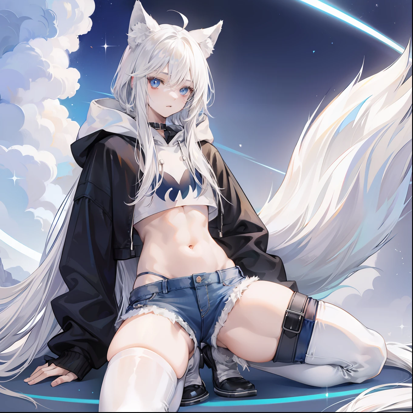 feminine male with long flowing white hair, has wolf ears, has wolf tail, wearing denim short shorts and a cropped black hoodie, thick thighs, wide hips, wearing thigh high socks, solo, alone, no wolves, showing belly, has glowing blue eyes, flat chested