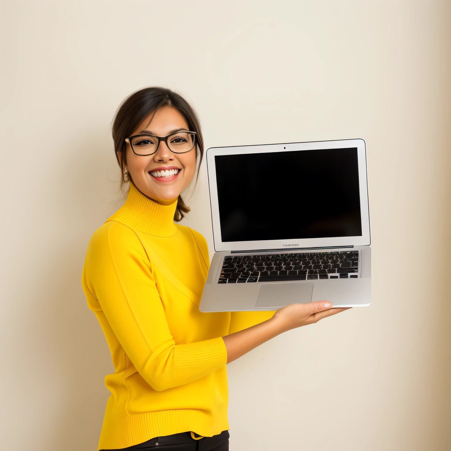 Beautiful model smiling woman holding a laptop computer with a black screen, Holding the portable computer, foto profissional do produto, pose sorridente elegante, foto do produto de alta qualidade, foto de marketing legal, ultra high quality model, segurando macbook, na frente de um computador, product introduction photo, head and shoulders photography, she is smiling and excited, foto do produto, Beautiful young woman wearing a beautiful Sweater High Collar Cacharrel Winter Autumn Basic Style in Yellow Color
