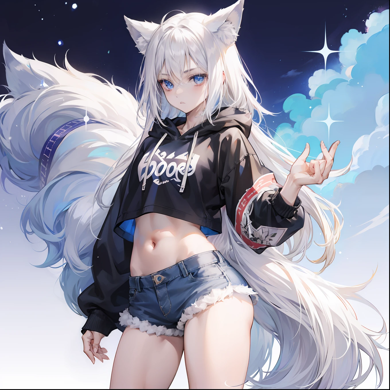 feminine male with long flowing white hair, has wolf ears, has wolf tail, wearing denim short shorts and a cropped black hoodie, thick thighs, wide hips, wearing thigh high socks, solo, alone, no wolves, showing belly, has glowing blue eyes, flat chested