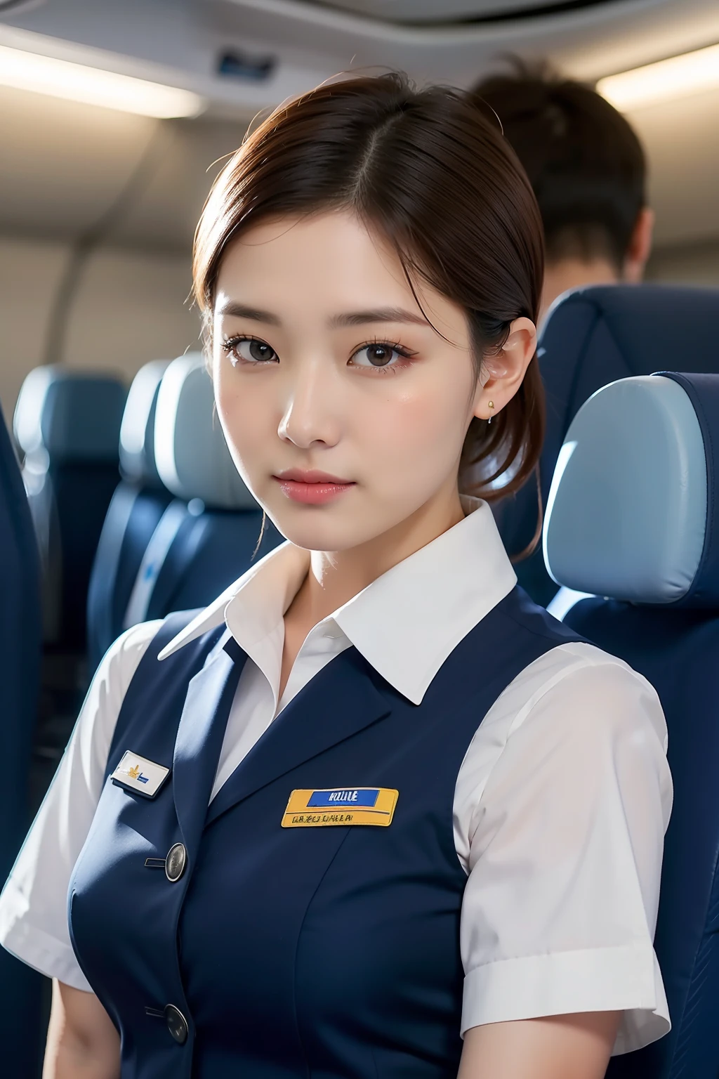 photo of a ultra realistic 4k, hyper realistic, focused, perfect face, beautiful face, lots of fine detail, photography, photorealism, the highest quality, the highest detail, Third-Person View, Long Exposure, 8K, Ultra-HD, ultra details, award-winning photography,
stewardess, in airplane, short hair, ponytail, Korean, Korean idol, Korean beauty, full body, white skirt, blue short sleeve Korean airline uniform,