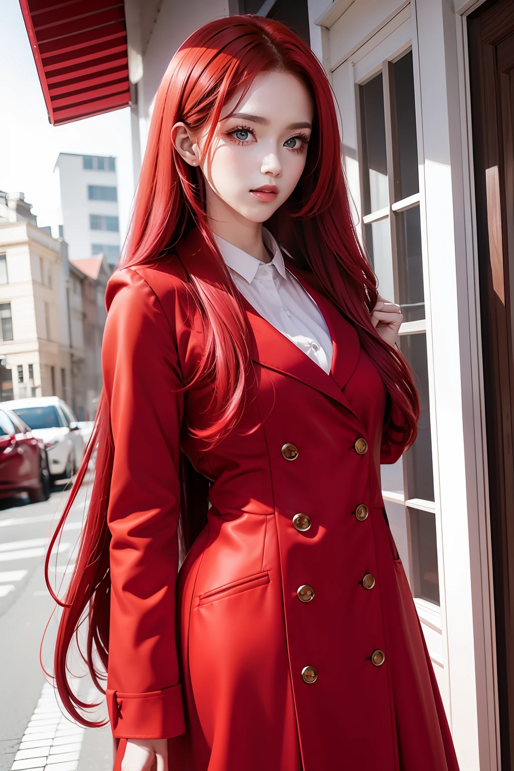 red color eyes，Red long-haired，Red coat