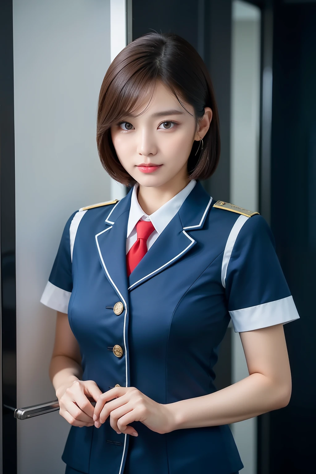 photo of a ultra realistic 4k, hyper realistic, focused, perfect face, beautiful face, lots of fine detail, photography, photorealism, the highest quality, the highest detail, Third-Person View, Long Exposure, 8K, Ultra-HD, ultra details, award-winning photography,
stewardess, in airplane, short hair, ponytail, Korean, Korean idol, Korean beauty, full body, white skirt, blue short sleeve Korean airline uniform,