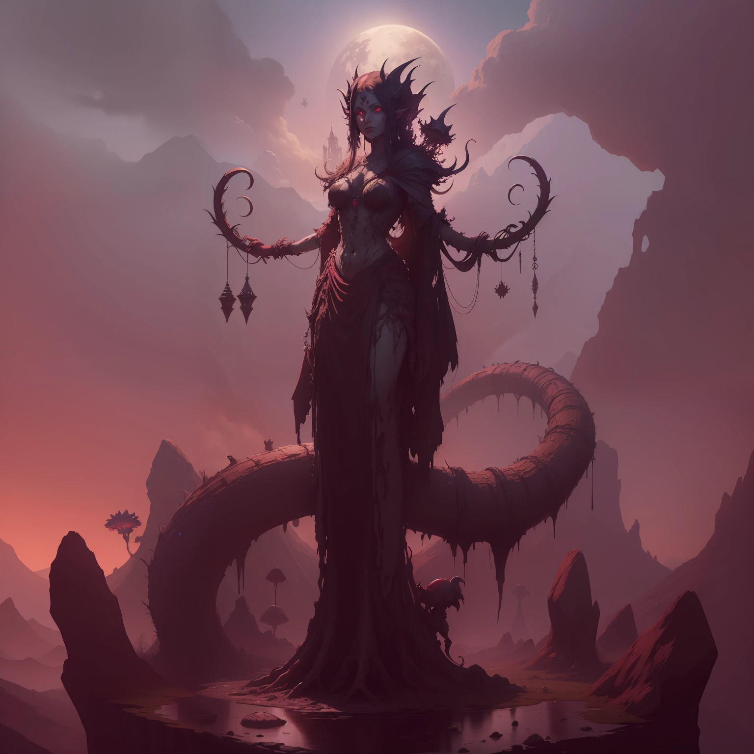 dungeons and dragons "D&D" RPG demon Boss Villain, Zuggtmoy, Tsuggtmoy, Demon-Queen of Fungi, Shedaklah, DnD, Concept art, A form often depicted as decomposed zombie demon wrapped and veiled in mycelium and lichen, semelhante aos Zumbis de The Last of Us, through fungal infection. Fungus demon, Goddess of decomposition, apararência igual a de Zuggtmoy, Imposing demon. deusa dos fungos, fungos, Cogumelos, Amanita muscaria, Psilocibina, Putrefaction. Zuggtmoy Lady of Decadence, deusa do mundo dos mortos, Zuggtmoy was alien in body and mind, His only desire was to infect living things with his spores, turning them into his mindless slaves before they were reduced to nothing but rotting, decaying hosts for their fungi, cogumelos e bolores. Boss de RPG de d&d, Reino de Shedaklah, decomposition domain. Zuggtmoy d&d. Cogumelos, rede micelar, reino fungico, hifas. Not so much like a woman, mas sim com um demonio. Araumycos (Dwarvish for "Great Fungus") was an enormous fungal growth that lived in the Upper Northdark of the Underdark, and lay beneath the High Forest between the cities of Menzoberranzan and Ched Nasad.