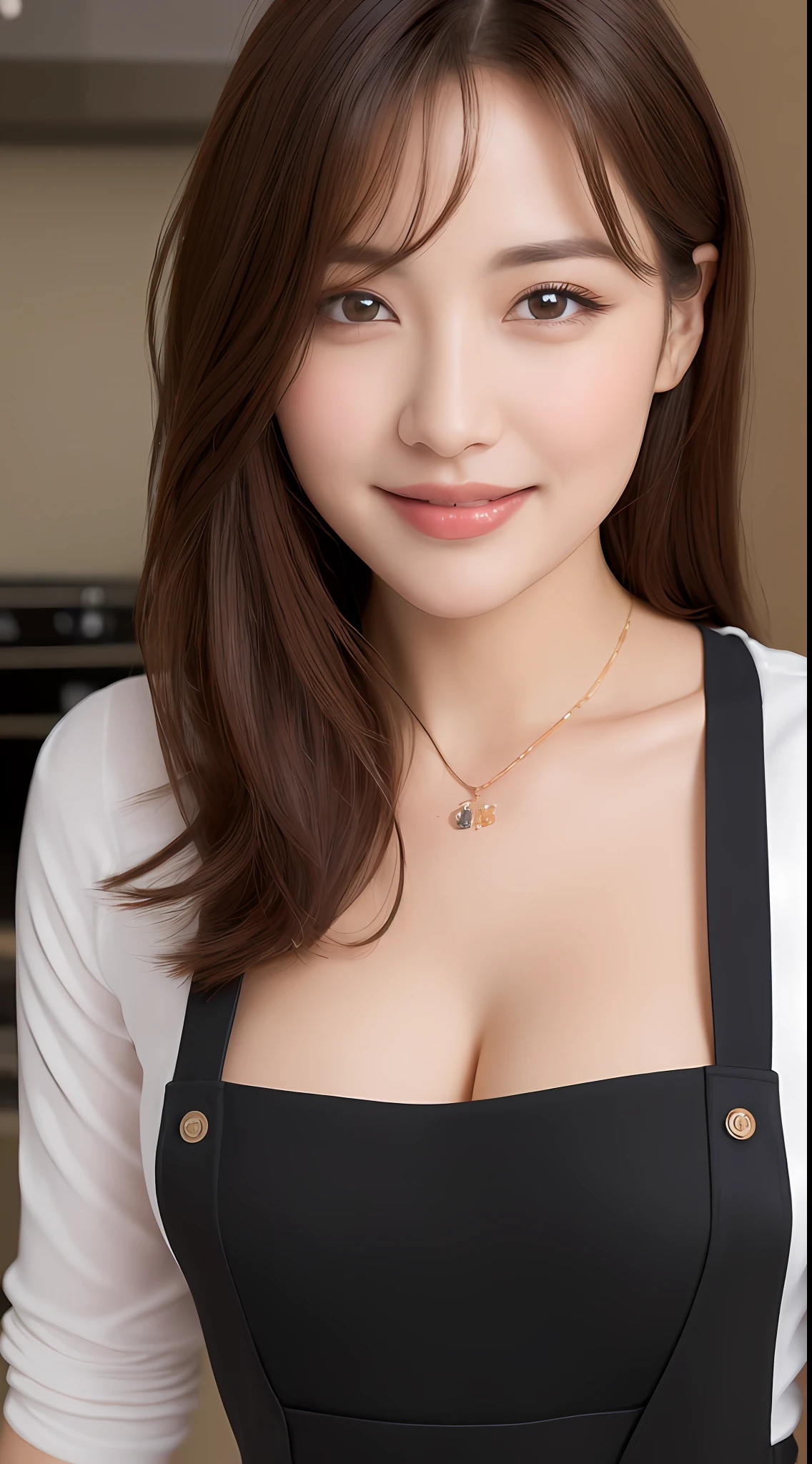 (Best quality, 8k, masterpiece: 1.3), a beautiful woman with perfect figure: 1.4, dark brown hair, wearing a pendant, wearing an apron, in the kitchen, highly detailed face and skin, detailed eyes, double eyelids, big breasts, smile