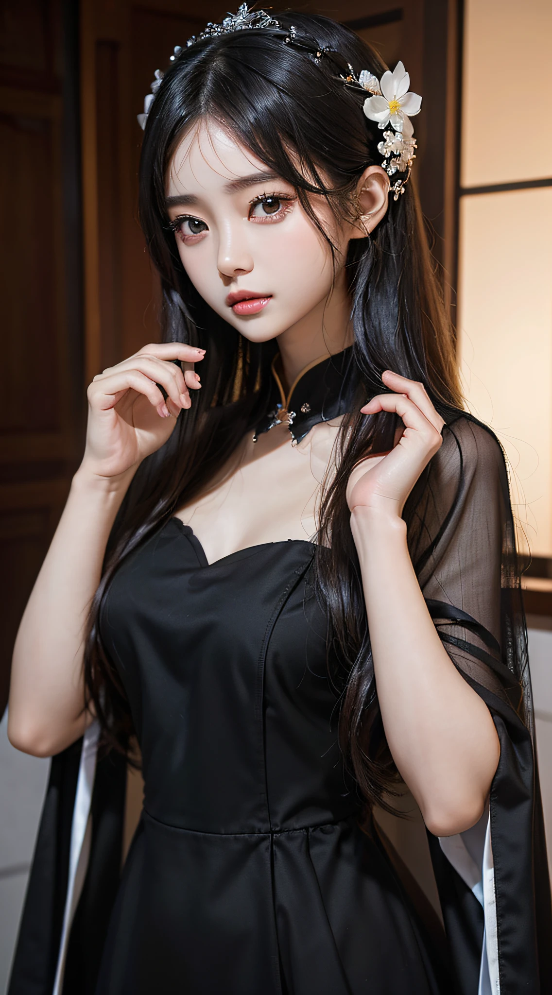 a close up of a woman in a black dress posing for a picture, Beautiful Asian girl, Korean girl, girl cute-fine face, beautiful Korean women, Gorgeous young Korean woman, sakimichan, Beautiful young Korean woman, The face of a beautiful Japanese girl, yangjun chen, cute delicate face, gorgeous chinese models, Beautiful detailed body and face