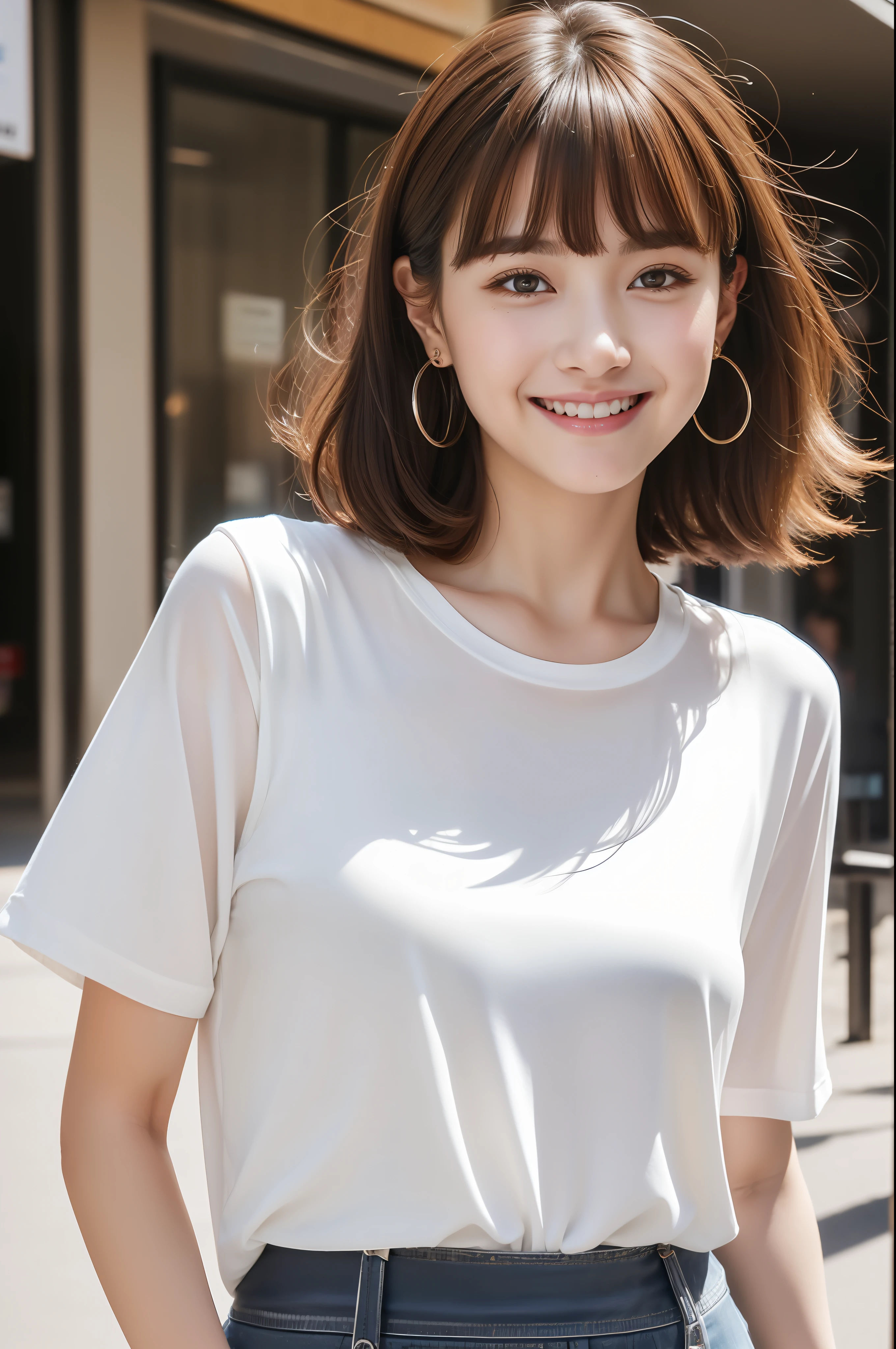 (8k, RAW photos, top quality, masterpiece: 1.2), ultra detailed, super resolution, (real, real photos: 1.37), portraits, high definition RAW color photos, professional photos, very detailed and beautiful, highly detailed, 8k wallpapers, amazing details, huge file size, official art, highly detailed CG Unity 8k wallpapers, highly detailed beautiful girls, highly detailed facesHighly detailed eyes, highly detailed skin, highly detailed fingers, Highly detailed nose, Highly detailed detailed mouth, Perfect anatomy, Highly detailed background, Highly detailed clothing, One Girl, (18:1.2), , cute girl, famous Japan idol, cute, realistic body, petite, white skin, radiant skin, slim body, handsome body, brown hair, short constricted curly hair, (blunt bangs:1.2), Smile, Cute, Youthful, Pretty Face, Realistic Face, Delicate Eyes, Saggy Eyes, White T-Shirt, Skirt, Earrings, Camera Gaze, Cowboy Shot, Front Face, Standing Figure, Contrappost, High Street, Public, Dynamic Lighting,