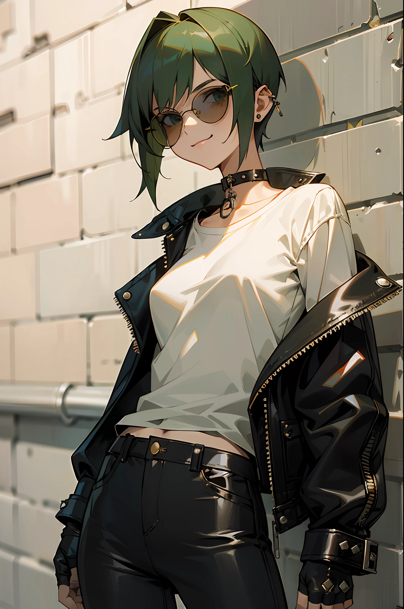 girl, (emerald green short hairstyle), ((aviator sunglasses)), (((tomboy))), big smile, street bandit clothes, leather jacket, White T-shirt, small breasts, black leather jacket, street bandit pants with silver chain, spiked choker, piercing ears, Fingerless gloves, peace sigh,  against the brick wall, glasses lowered