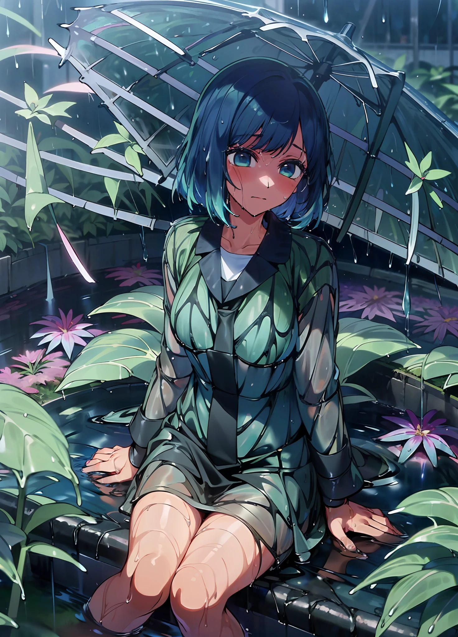 a girl, Kurokawa Akane from the anime oshi no ko, Blue hair, Blue Eyes, (after the rain:1.5), sitting in a puddle, (night time, shining stars:1.3), (flower field, glowing, bloom, chromatic, colourful:1.3), (wet foliage:1.8)
