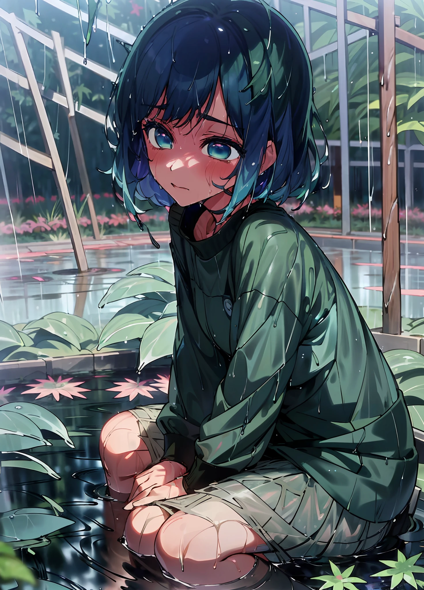 a girl, Kurokawa Akane from the anime oshi no ko, Blue hair, Blue Eyes, (after the rain:1.5), sitting in a puddle, (night time, shining stars:1.3), (flower field, glowing, bloom, chromatic, colourful:1.3), (wet foliage:1.8)