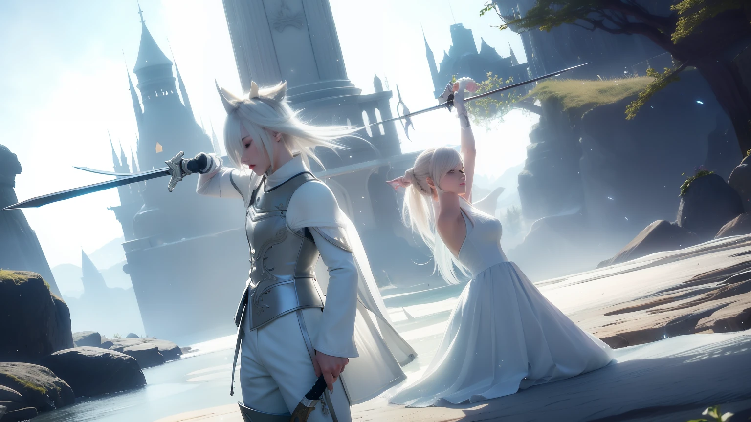 Game - A fox fairy style scene dressed in white and holding a sword, White trousers,final fantasy 14 style, final fantasy 14 sharp, shadowbringers cinematic, final fantasy 1 4 screenshot, ffxiv heavensward, Final Fantasy XIV, ffxiv, final fantasy 1 4, lunar themed attire, lineage 2 revolution style, White hairs, Blade and soul