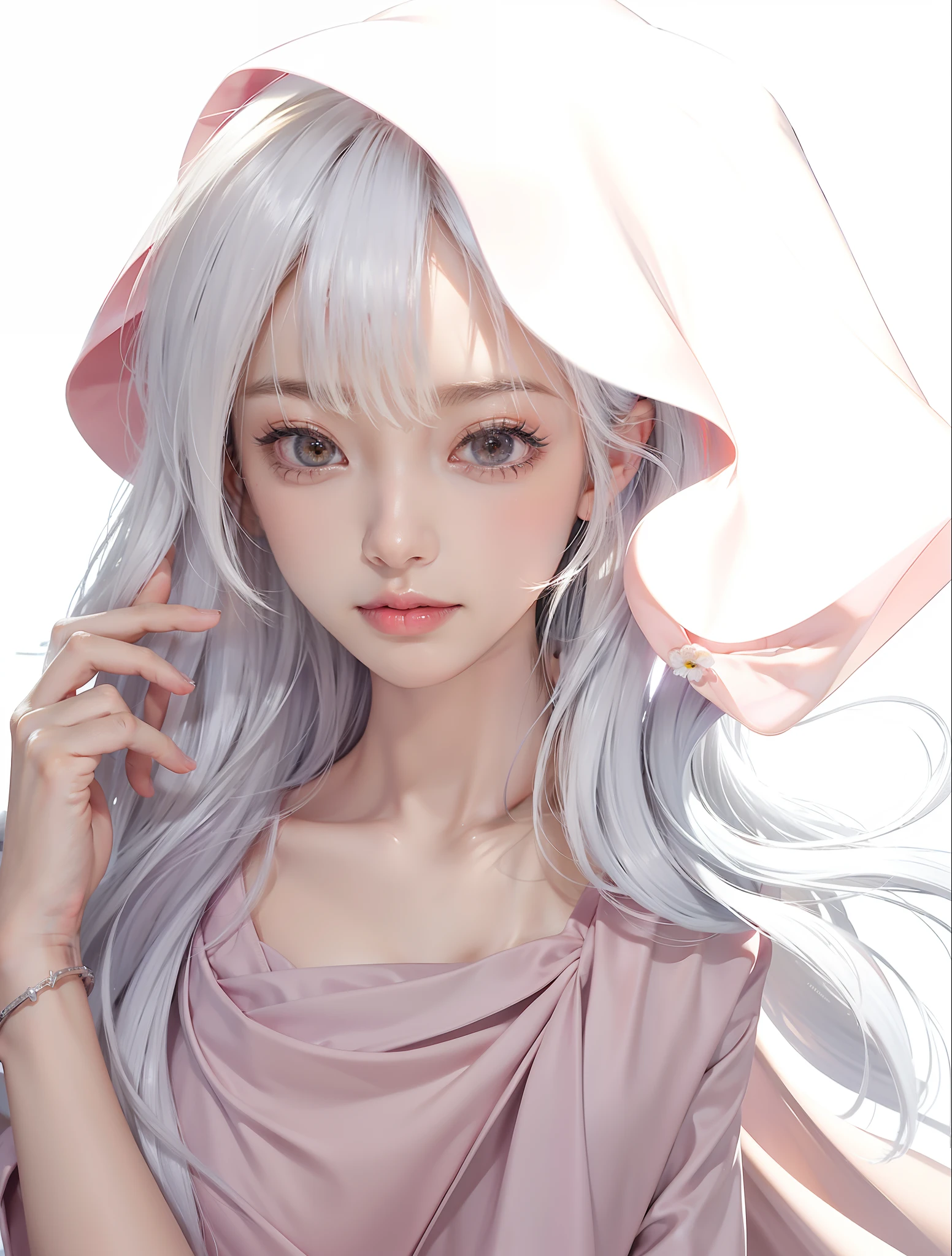 Masterpiece, 1 beautiful girl, detailed eyes, swollen eyes, top quality, super high res, (Reality: 1.4), cinematic lighting, Japanese, Asian beauty, Korean, very beautiful, beautiful skin, slender, body facing forward, (super realistic), (high res), (8K), (very detailed), ( Best Illustration), (beautifully detailed eyes), (super detailed), (wallpaper), detailed face, bright lighting, professional lighting, looking at viewer, facing straight ahead, neat clothes, short hair, white hair, pureerosfaceace_v1, 46 point slanted bangs, hotel room with morning sun in the background, window The background is a hotel room with the morning sun shining through the window, a clear ocean outside, and an angle from the waist up,red eyes