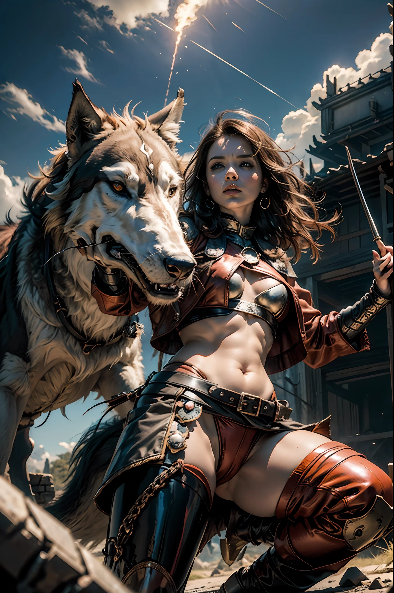 fantasy,Super battles,breathingfire,Discharge of,(Ride a giant wolf:1.4),The ground shook,best qualtiy,tmasterpiece,Works of masters,super-fine,16K resolution,Red,Detailed pubic hair,Accurate,