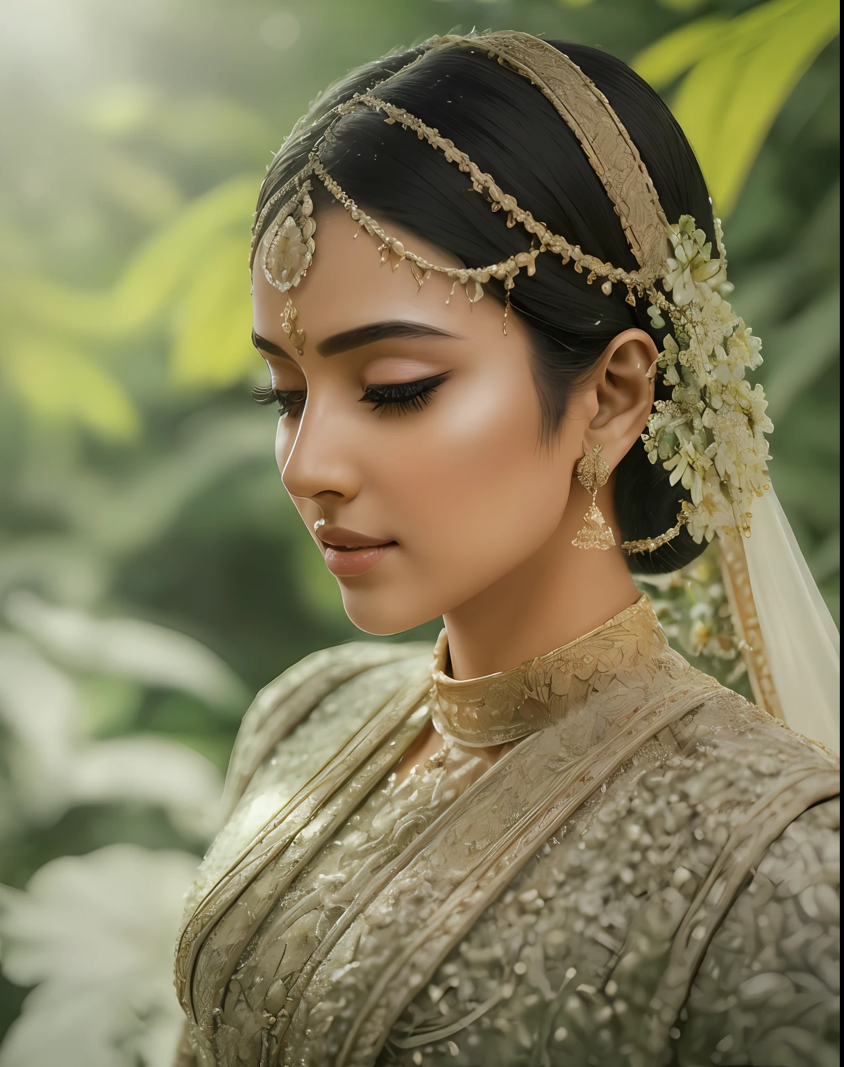 fashion photography portrait of indian girl with beautiful black hair, in lush jungle with flowers, 3d render, cgi, symetrical, octane render, 35mm, bokeh, 9:16, (intricate details:1.12), hdr, (intricate details, hyperdetailed:1.15), (natural skin texture, hyperrealism, soft light, sharp:1.2), detailed, sunlight passing through foliage, redis pink saree, 8k details, masterpiece, best quality, award winning photo, photorealistic, highly detailed, raw photo, realistic natural skin textures, rim light, hyperrealistic, low contrast, sharp focus, soothing tones, intricate, low key, masterpiece, best quality, award winning photo, photorealistic, highly detailed, raw photo, realistic natural skin textures, rim light, hyperrealistic, low contrast, sharp focus, soothing tones, 8k details, intricate, low key