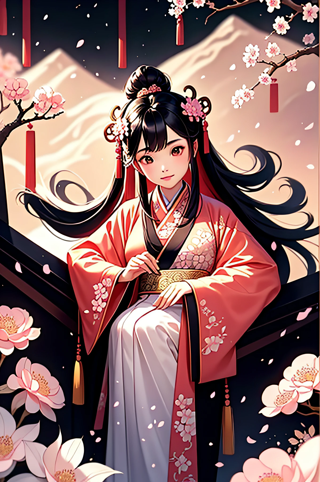 China ink painting, Ancient Chinese architecture ,landscape, peach blossom,Ancient Chinese artist Qiu Ying style , freehand brushwork , Pink and white,Chinese ink illustration,Chinese flower god,Fresh color background, Peachtree Forest, Beautiful details Rich light, highly details, BJD data, complexdetails, Harmonious and unified tone, Octane rendering,Perfect art,super clear detail, Wind ::1. Ancient Chinese artist Qiu Ying style , Exaggerated visual expression,soft shade, Clean and sharp focus,Film photography, Center composition, Poster design,FLIM photography,Panoramic view,32K, —-ar 16:9 —-nij5 —-v 5