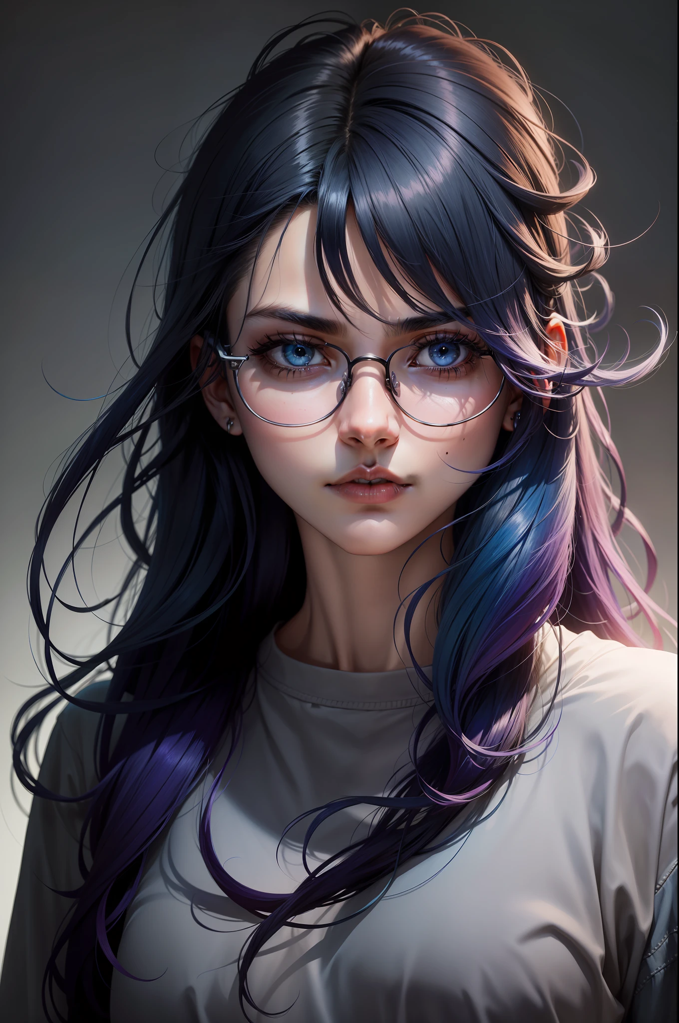 gradient hair, dark blue hair, messy hair, over-rim eyewear, mole under eye, hollow eyes, gradient eyes, glaring, Surrealism, chiaroscuro, best quality