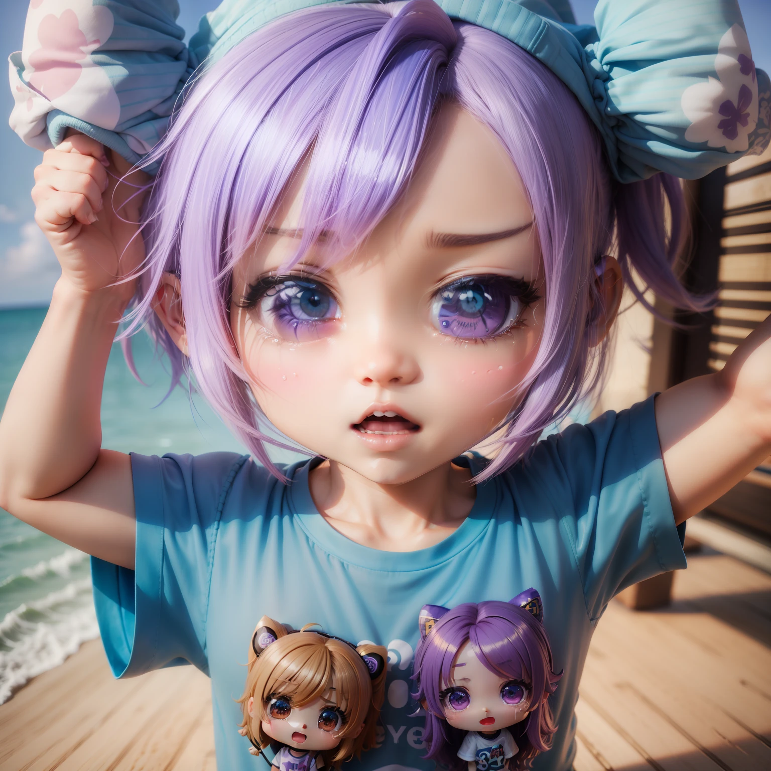 (((chibi 3d)))Cute and beautiful chibi anime,Bob style hair mixed with light blue and blue、Wearing purple printed t-shirt,upperbody shot,is crying,Tears,Screaming,「Spread your hands and hold them next to your face、「Hello」Let's call out loud」 Summer Beach,
