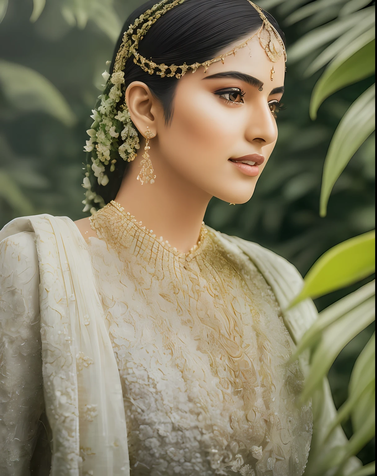 fashion photography portrait of indian girl with beautiful black hair, in lush jungle with flowers, 3d render, cgi, symetrical, octane render, 35mm, bokeh, 9:16, (intricate details:1.12), hdr, (intricate details, hyperdetailed:1.15), (natural skin texture, hyperrealism, soft light, sharp:1.2), detailed, sunlight passing through foliage, redis pink saree, 8k details, masterpiece, best quality, award winning photo, photorealistic, highly detailed, raw photo, realistic natural skin textures, rim light, hyperrealistic, low contrast, sharp focus, soothing tones, intricate, low key, masterpiece, best quality, award winning photo, photorealistic, highly detailed, raw photo, realistic natural skin textures, rim light, hyperrealistic, low contrast, sharp focus, soothing tones, 8k details, intricate, low key