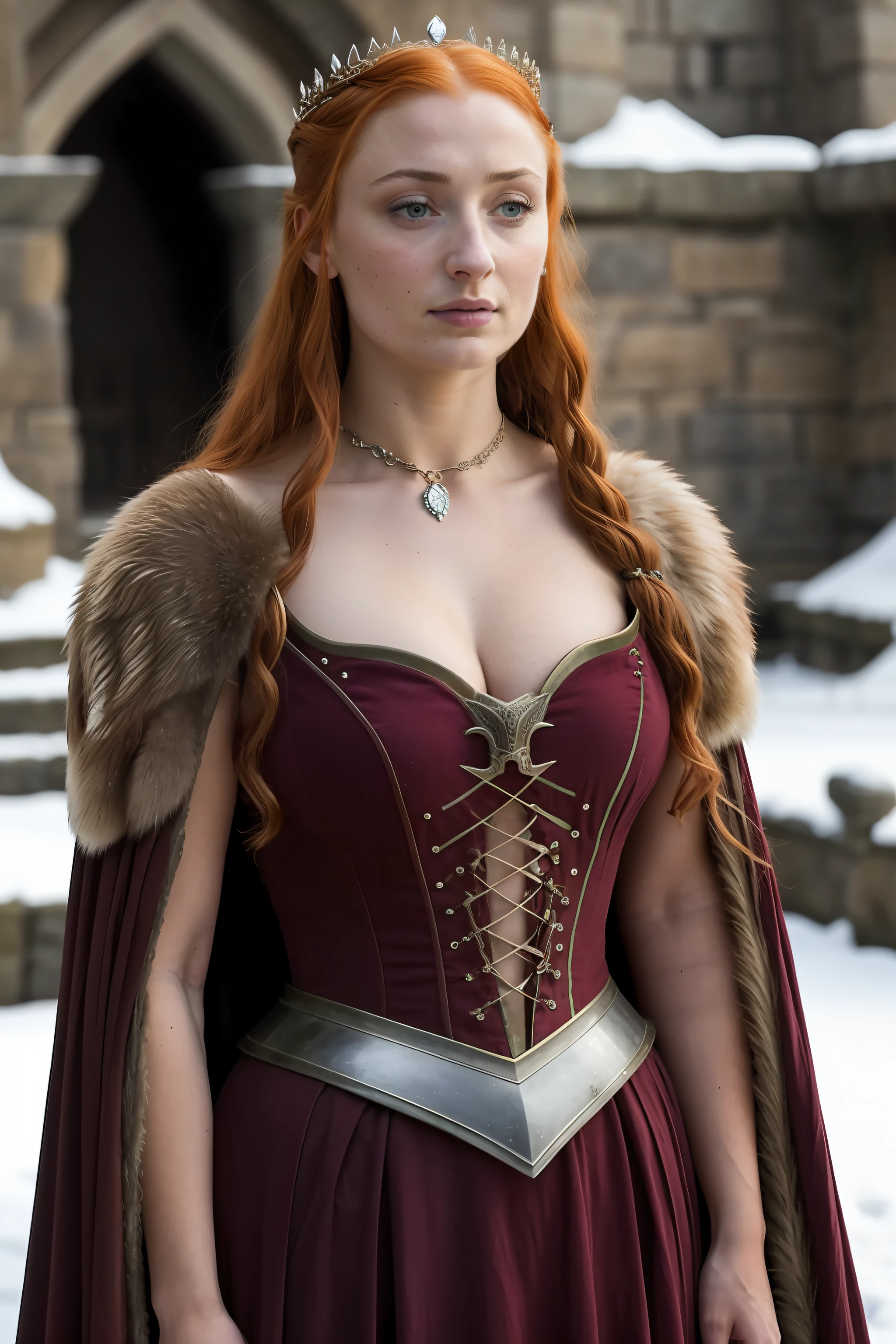 Masterpiece, Alayne Stone, Gorgeous Woman, Queen, queen lady, Lady of Winterfell, Wardeness of the North, and Sansa Stark, the de facto Lady of the Eyrie, 40 years Old, she is a Full growned mature lady now, beautiful mature lady, the queen, milf beauty, mature queen, Best quality, a small, perfectly visible mole on her breast, a captivating woman, alluring appearance, unrivaled beauty, wonderful breasts, large breasts, mediaeval erotic costumes, a Game of Thrones-inspired costume, a close-up of a woman from the middle ages, sansa stark, sansa, resembles sophie turner, sophie turner, scene from "Game of Throne," deep cleavage, warrior princess, healthy body, perfect thick body, attractive figure, fleshy body, style of "Game of Throne," beautiful lady, beautiful woman, stunning woman, 8K, insane details, dress made of clothes and jewelry, round face,