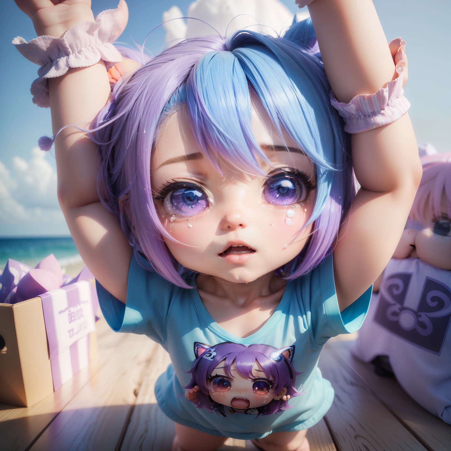 (((chibi 3d)))Cute and beautiful chibi anime,Bob style hair mixed with light blue and blue、Wearing purple printed t-shirt,upperbody shot,is crying,Tears,Screaming,「Spread your hands and hold them next to your face、「Hello」Let's call out loud」 Summer Beach,